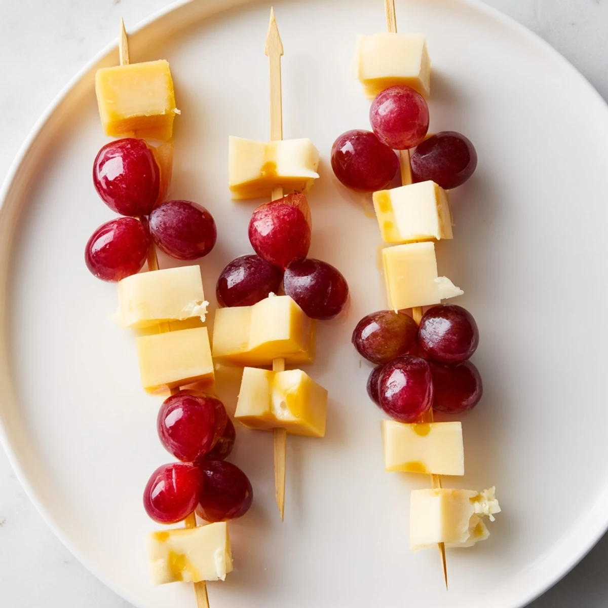 Freshly assembled Cheese & Grape Skewers ready to serve, a colorful and delicious party snack idea.