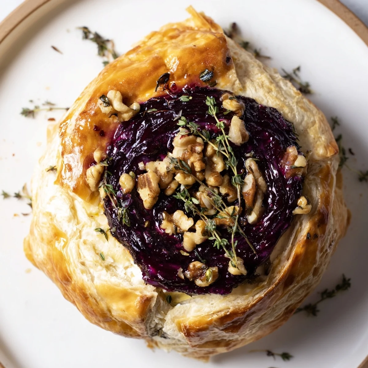 Warm, melty Baked Brie with Fig Jam, boasting a golden pastry and inviting aroma.