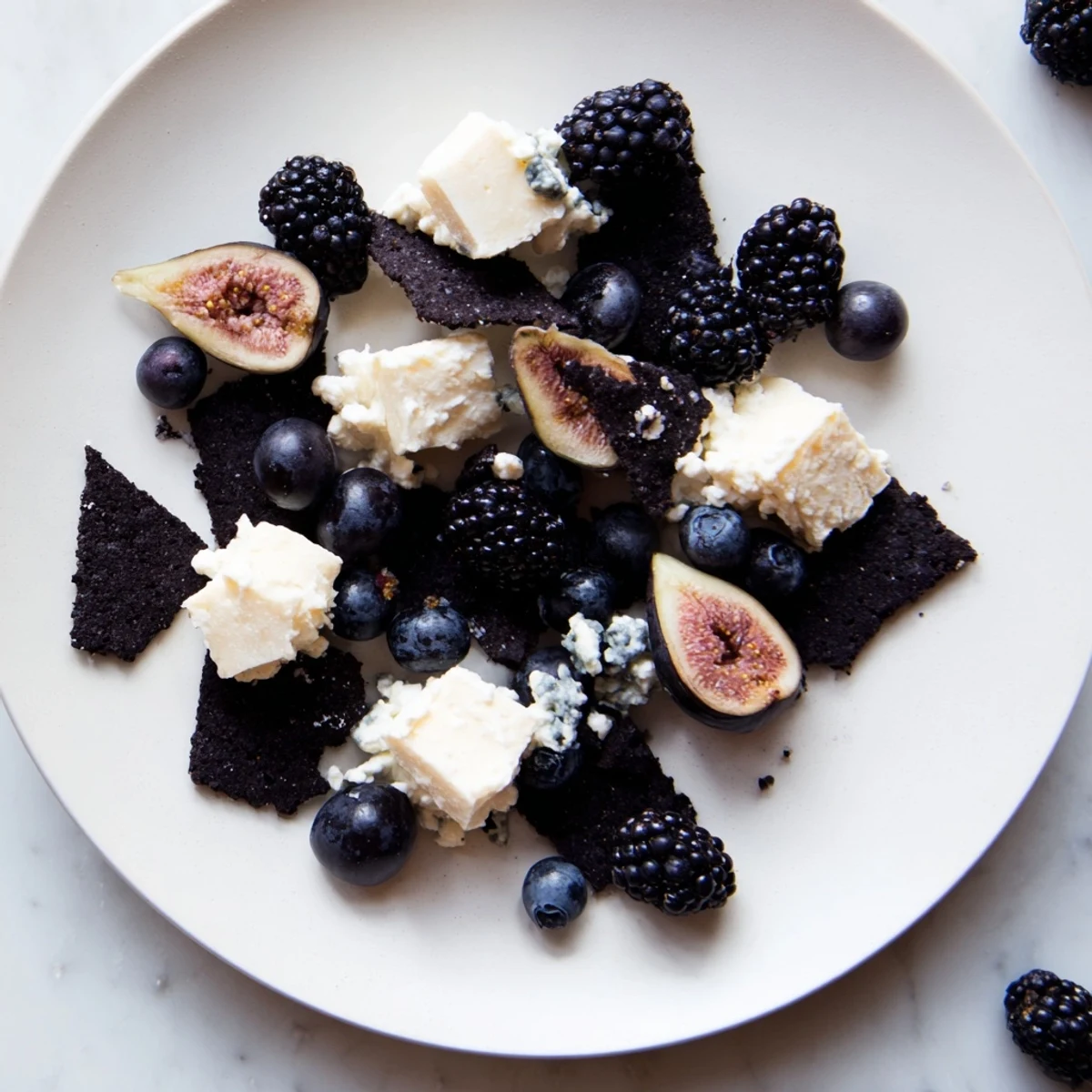 Deep Indigo Midnight Sky cheese board features blackberries and creamy cheeses resembling a starry night.