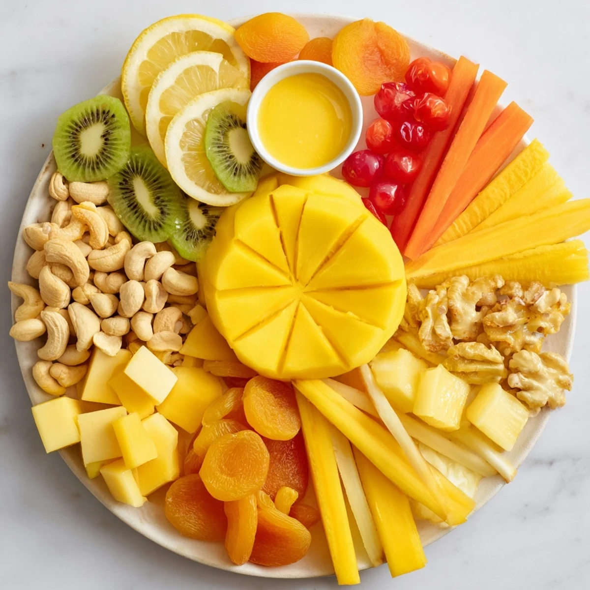 Fresh 57 Citrus Burst grazing board overflowing with vibrant yellow fruits and Gouda cheese cubes.