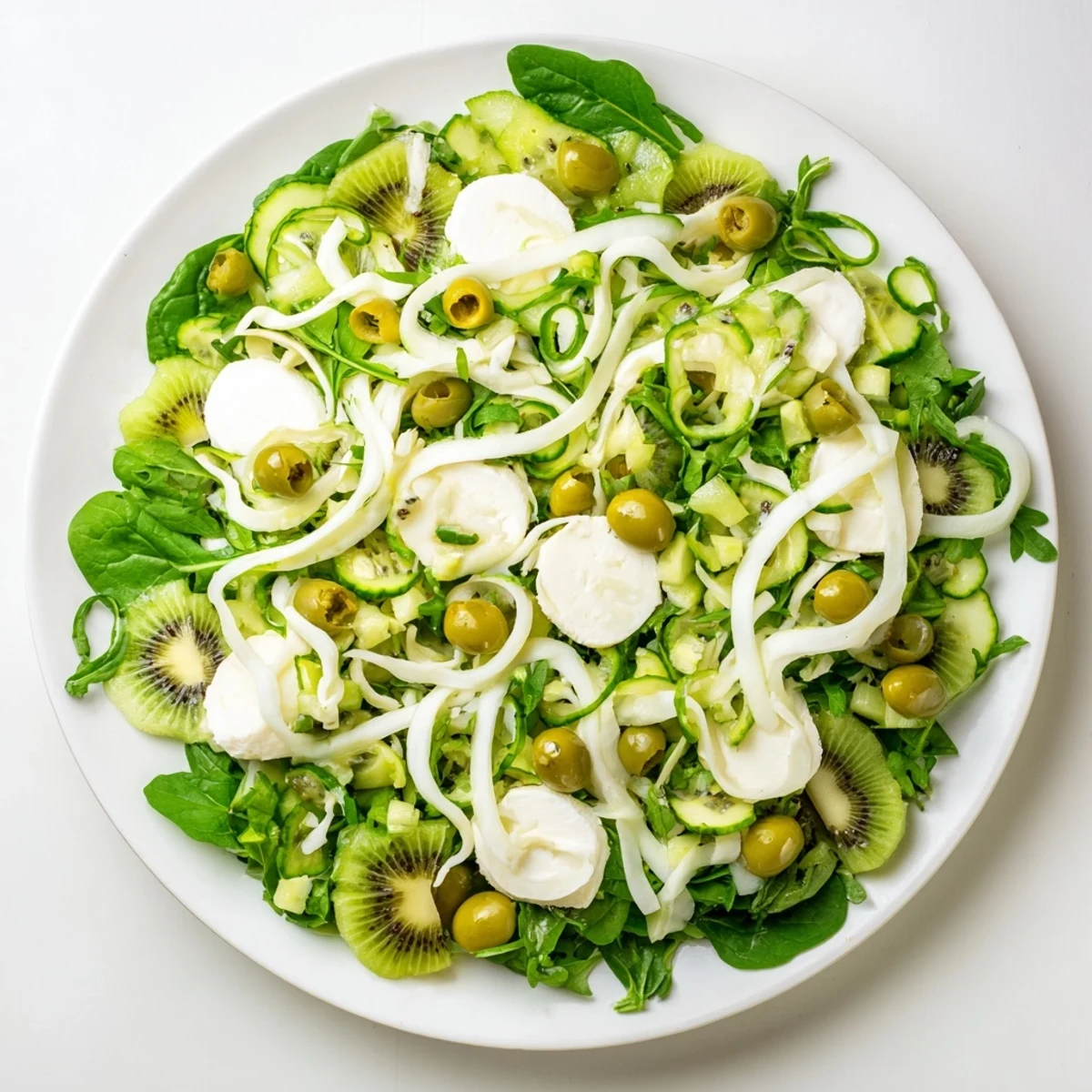 Emerald Isle Greenscape salad with a vibrant green display, topped with creamy mozzarella cheese river.