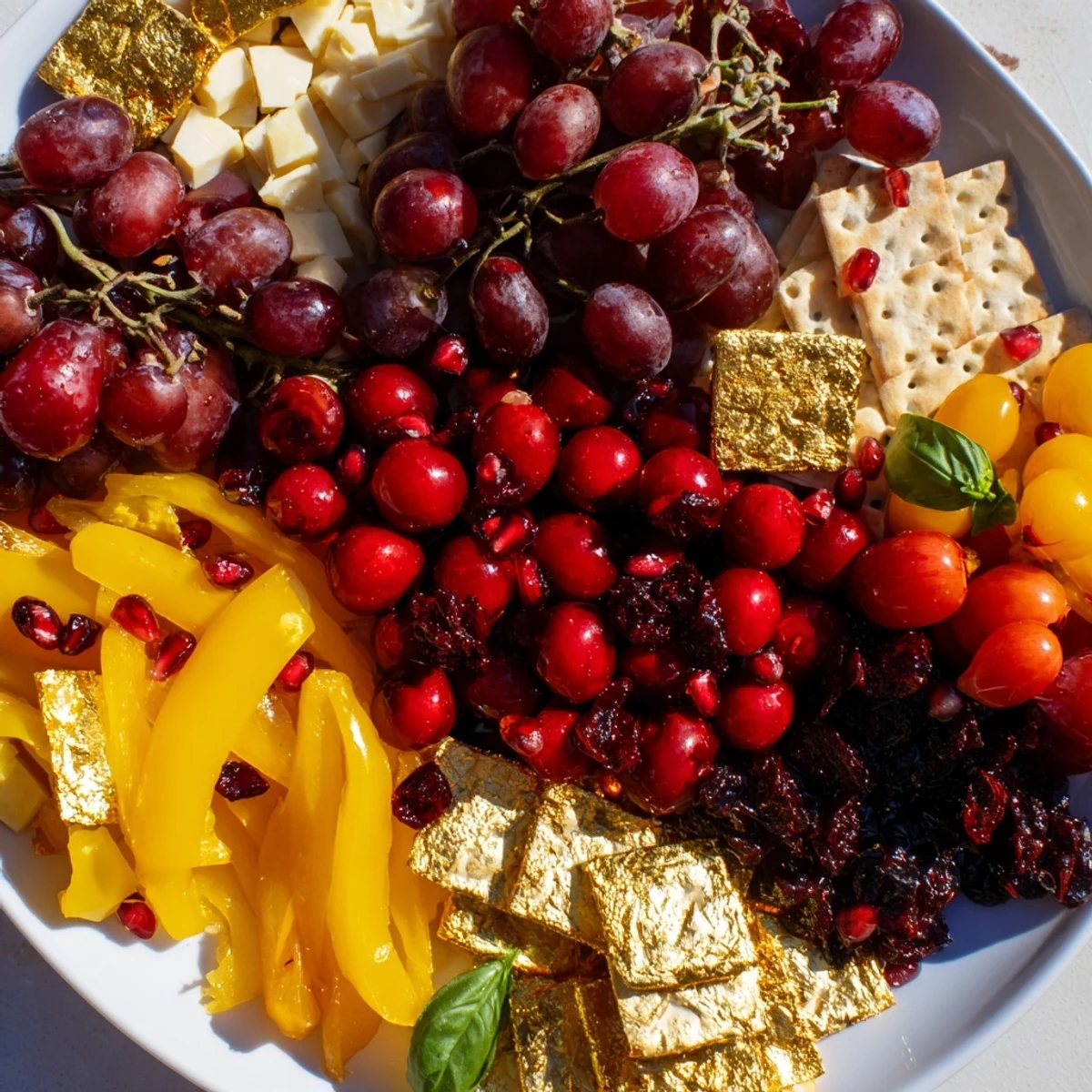 A vibrant Crimson & Gold Gala appetizer platter with red cherries, cheese, and roasted peppers.