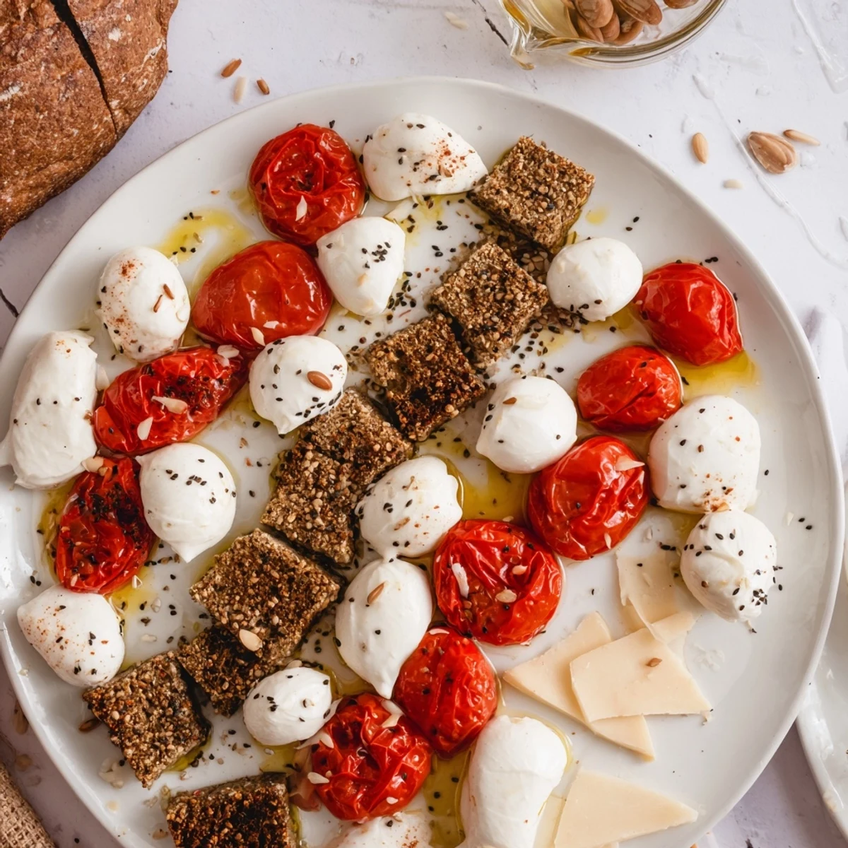 Elegant black and white formal affair appetizer platter featuring olives, mozzarella, and rye.