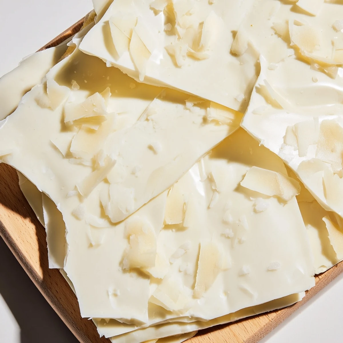 White chocolate ice sheets and parmesan shards form The Arctic Tundra dessert on wood.