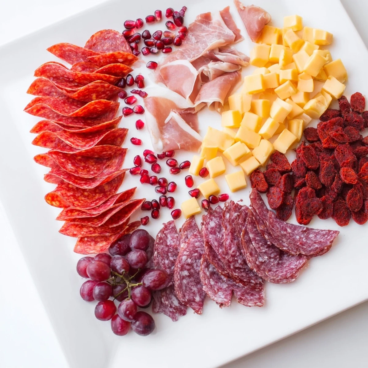 Artisan baguette slices accompany the The Crimson Crest's vibrant selection of savory meats, cheeses, and fruits.