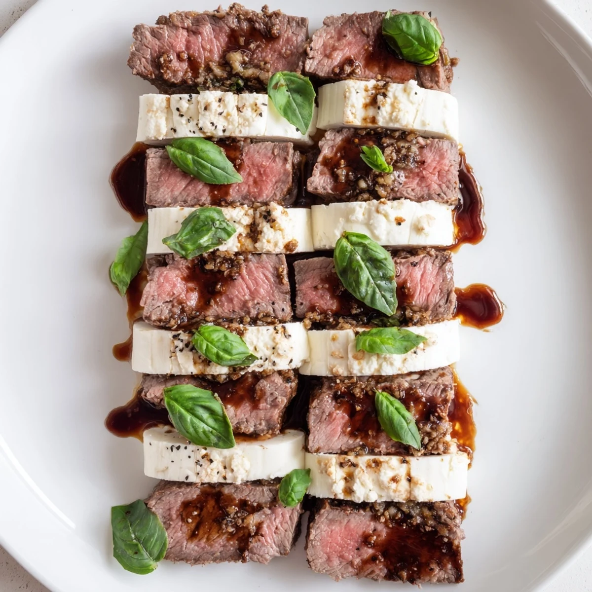 Close-up of the flavorful Safari Stripes, with glistening balsamic drizzle coating the meat.