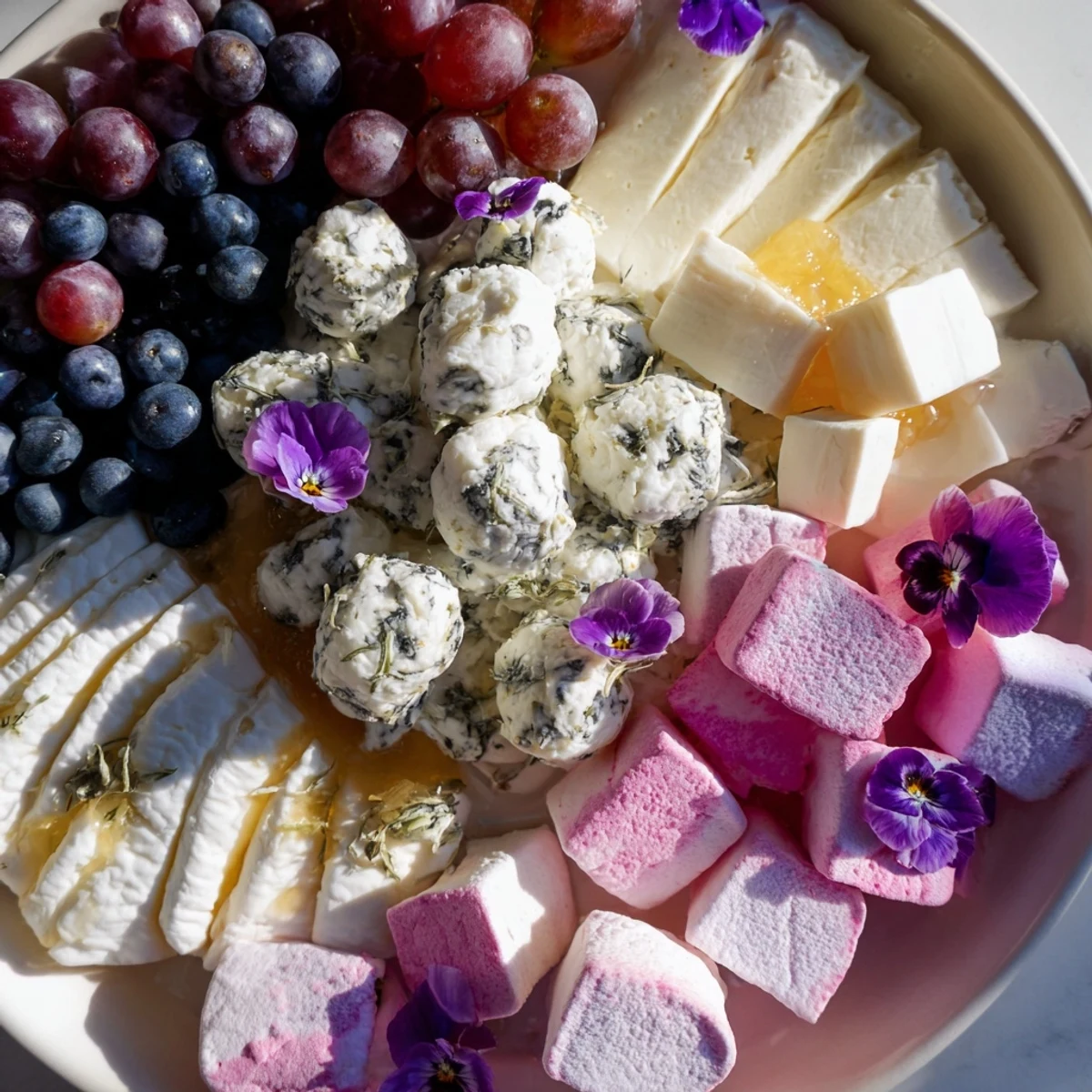 This eye-catching Lavender Haze Dreamscape features a cheese board garnished with edible flowers and sweet treats.