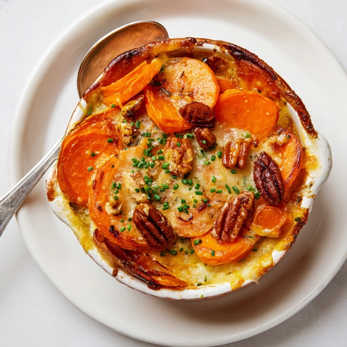 A close-up of Copper Penny Warmth shows layered vegetables and melted cheese ready to serve.