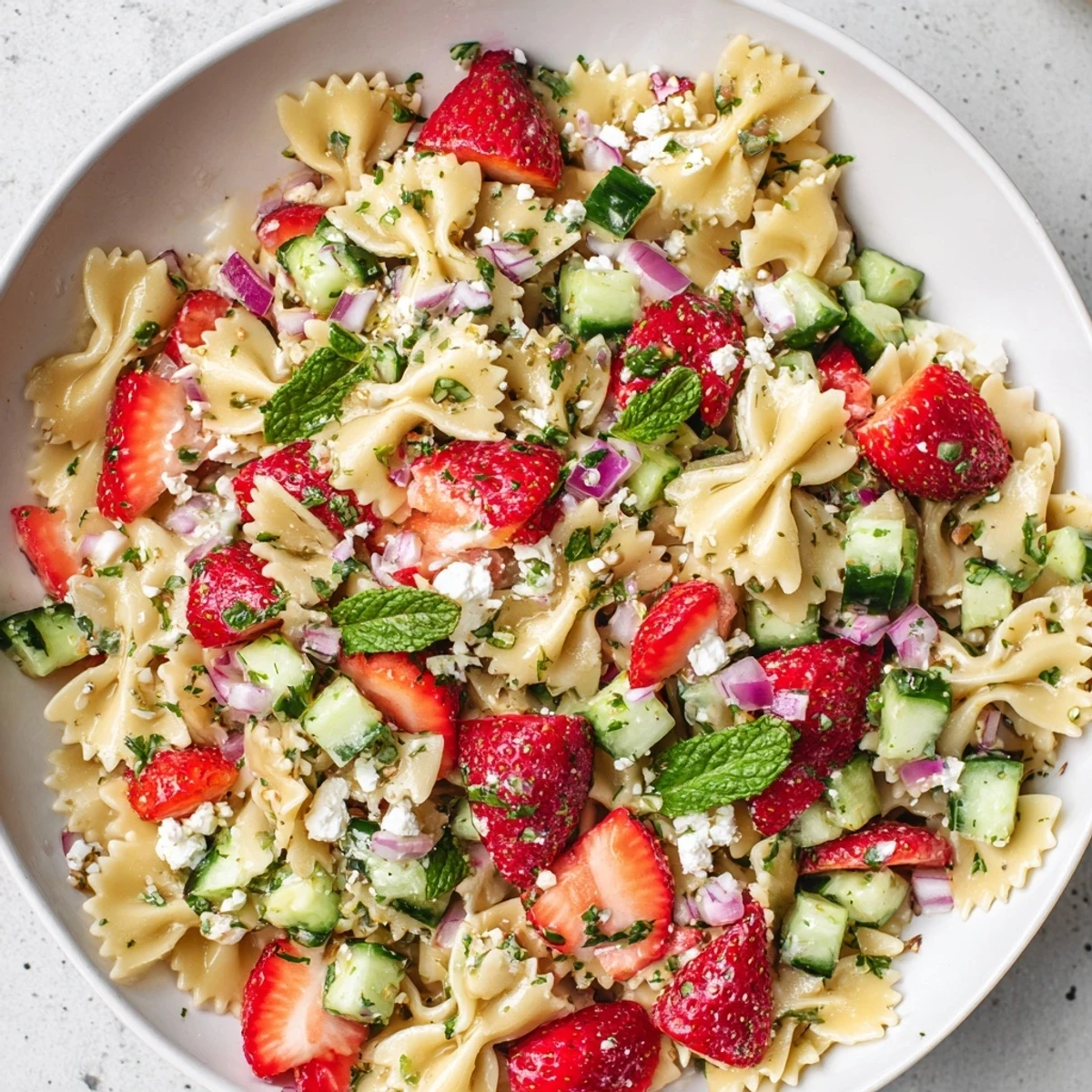 Strawberry Feta Pasta salad, a vibrant mix of red berries and creamy feta, ready to eat.