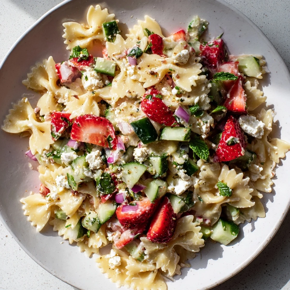 A colorful bowl of Strawberry Feta Pasta shows off fresh ingredients with cooling cucumber.
