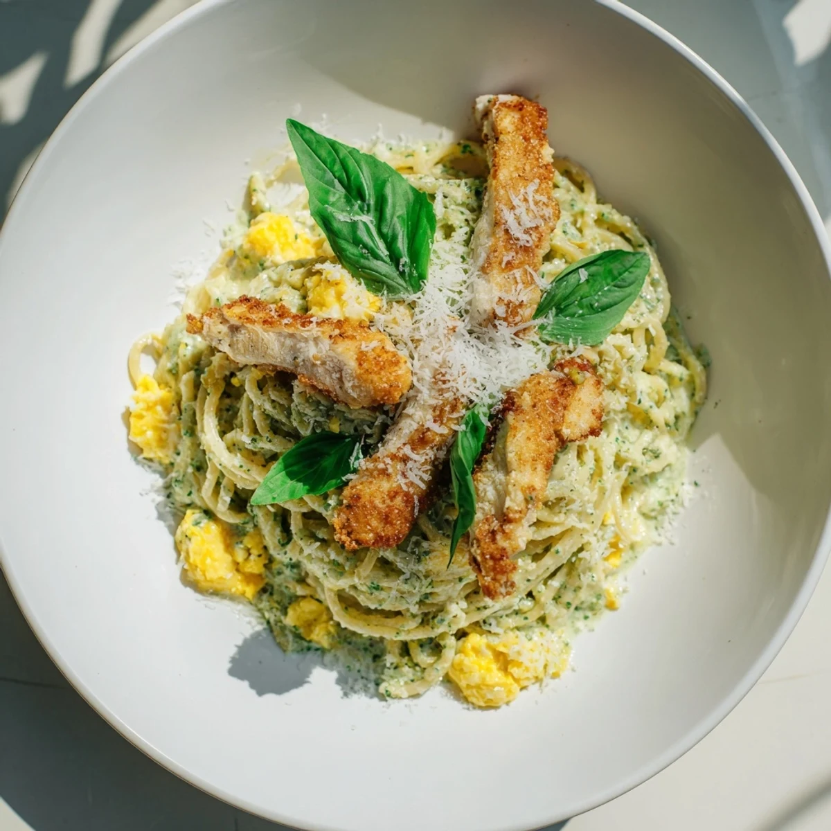 Golden chicken and pasta in a skillet, topped with vibrant pesto egg sauce, the Pesto Egg and Chicken Pasta.