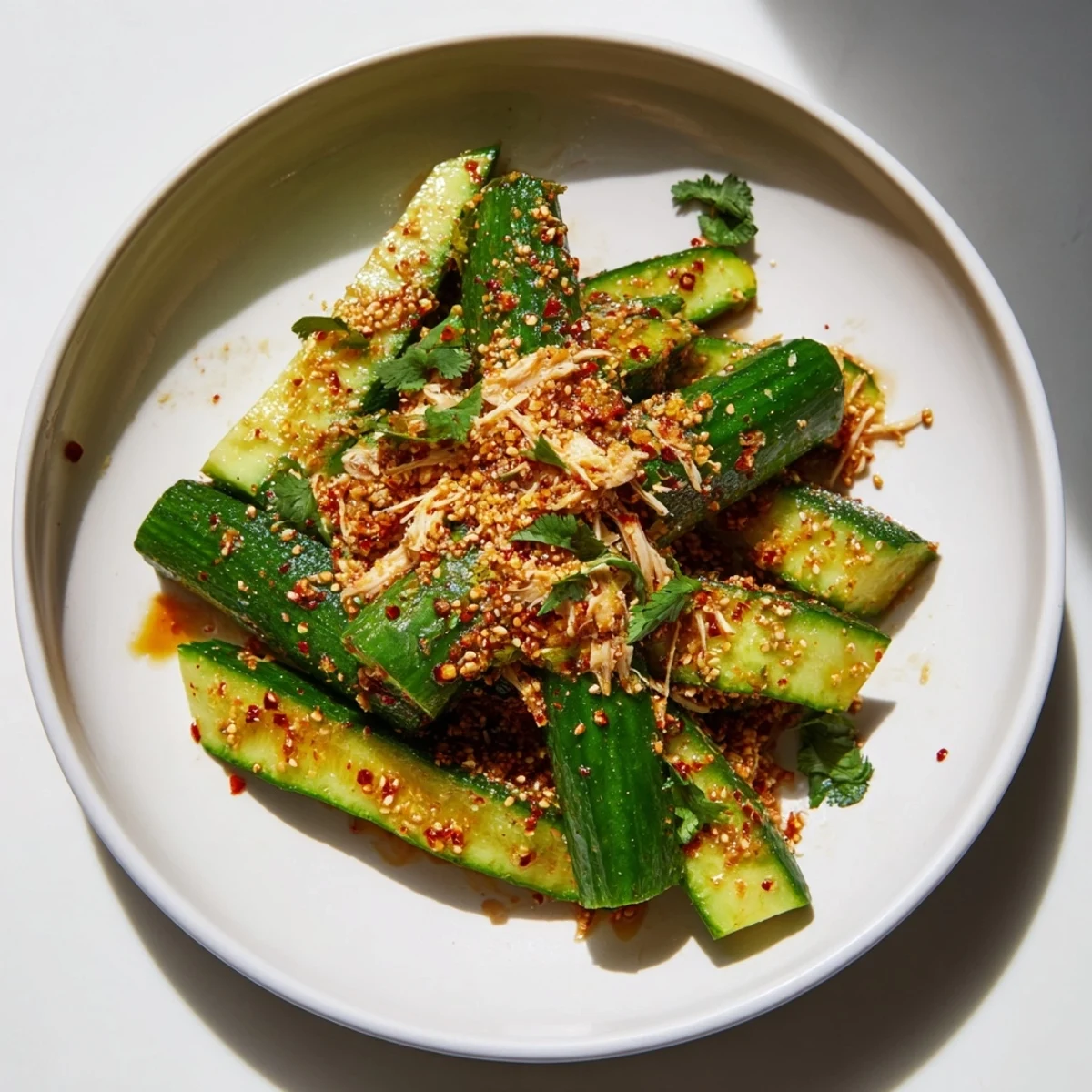 Vibrant Whole Cucumber Logan Salad with chicken, garlic, and chili flakes, ready to enjoy.