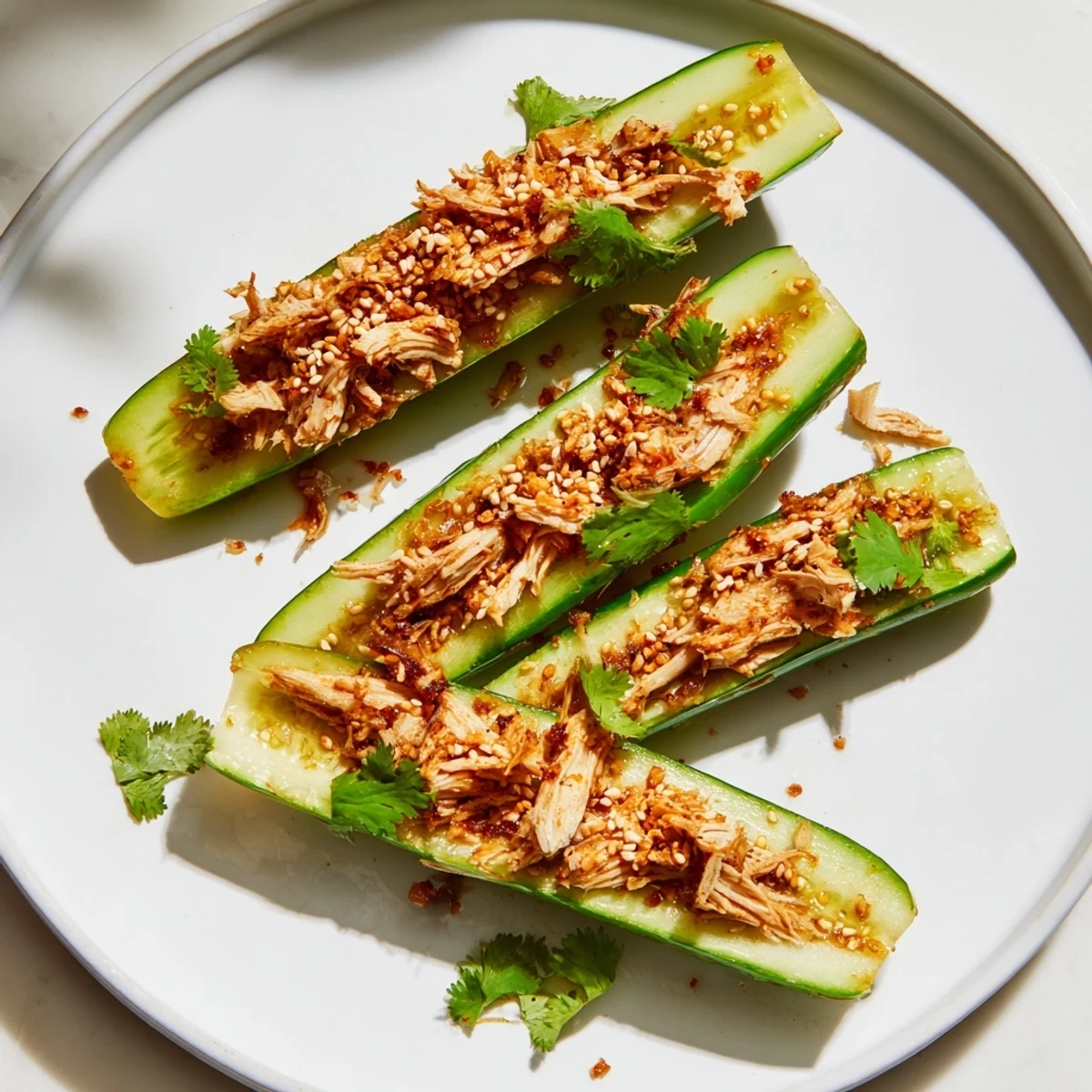 Crisp, smashed whole cucumbers in the delicious Whole Cucumber Logan Salad with shredded chicken.