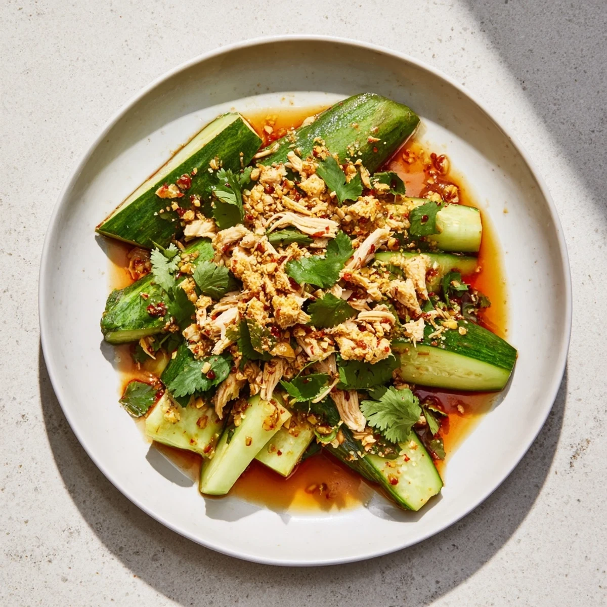 A close-up view of the savory Whole Cucumber Logan Salad, a refreshing, Asian-inspired meal.