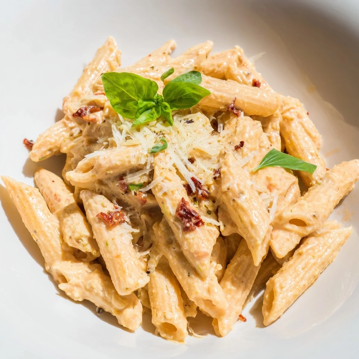A bowl of creamy Sun-Dried Tomato & Cottage Cheese Pasta Sauce, garnished with fresh basil.