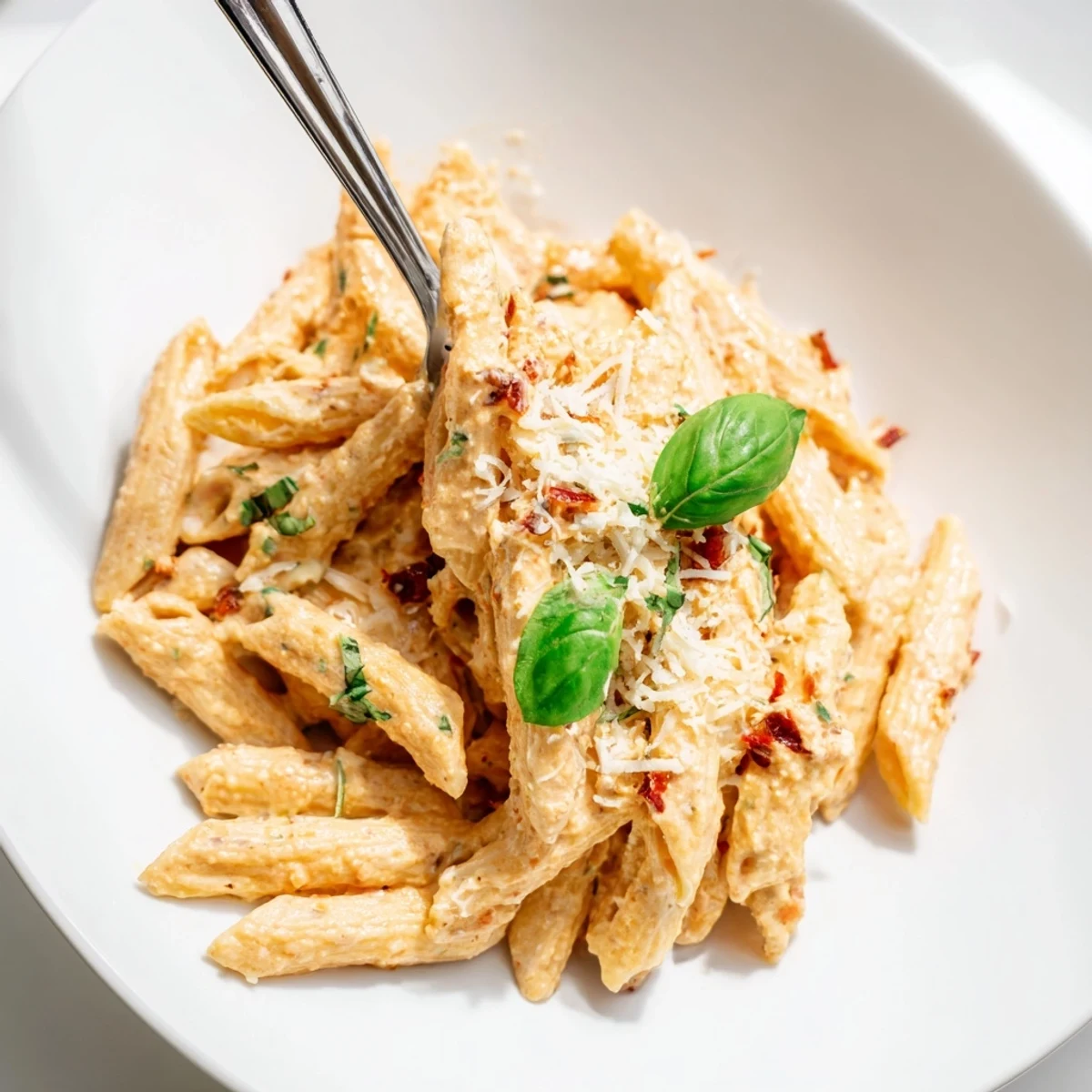 Close-up of the smooth, red Sun-Dried Tomato & Cottage Cheese Pasta Sauce, ready on the pasta.