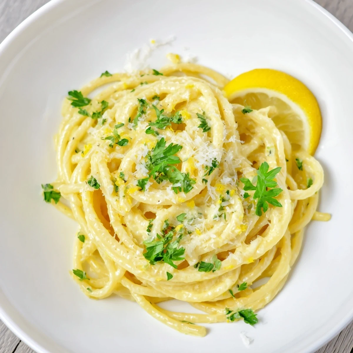 A bright bowl of Lemon-Garlic Greek Yogurt Pasta, with zesty lemon and garlic aromas.