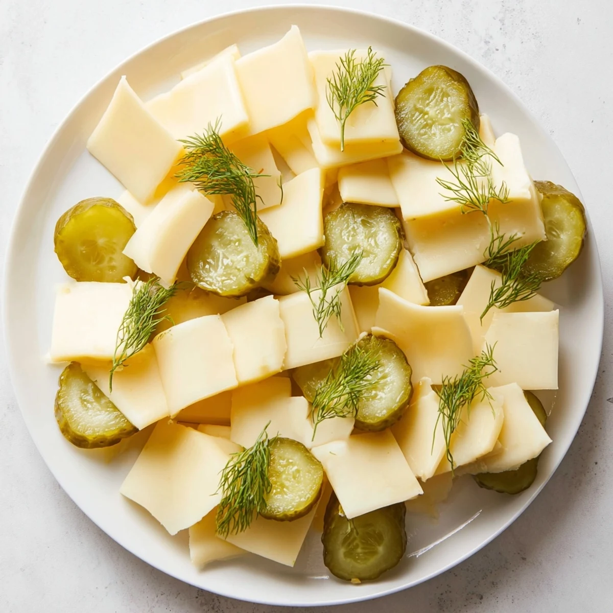 Dill Pickles and Sliced Cheese appetizer, a colorful platter showcasing cheese and juicy pickle slices.