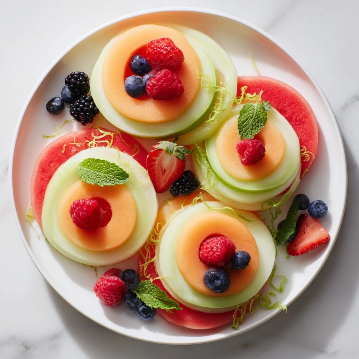 A colorful Fruit Platter bursting with summer flavors, featuring layered melon and vibrant berries.