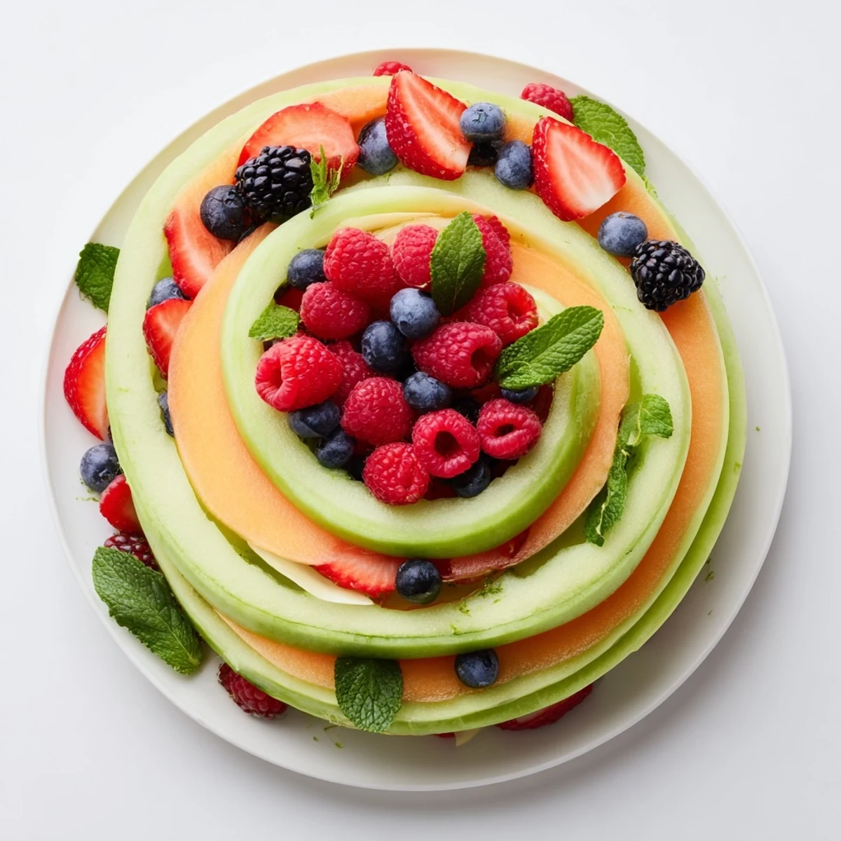 Cool, refreshing Fruit Platter: melon and berries artfully arranged on a platter, ready to serve.