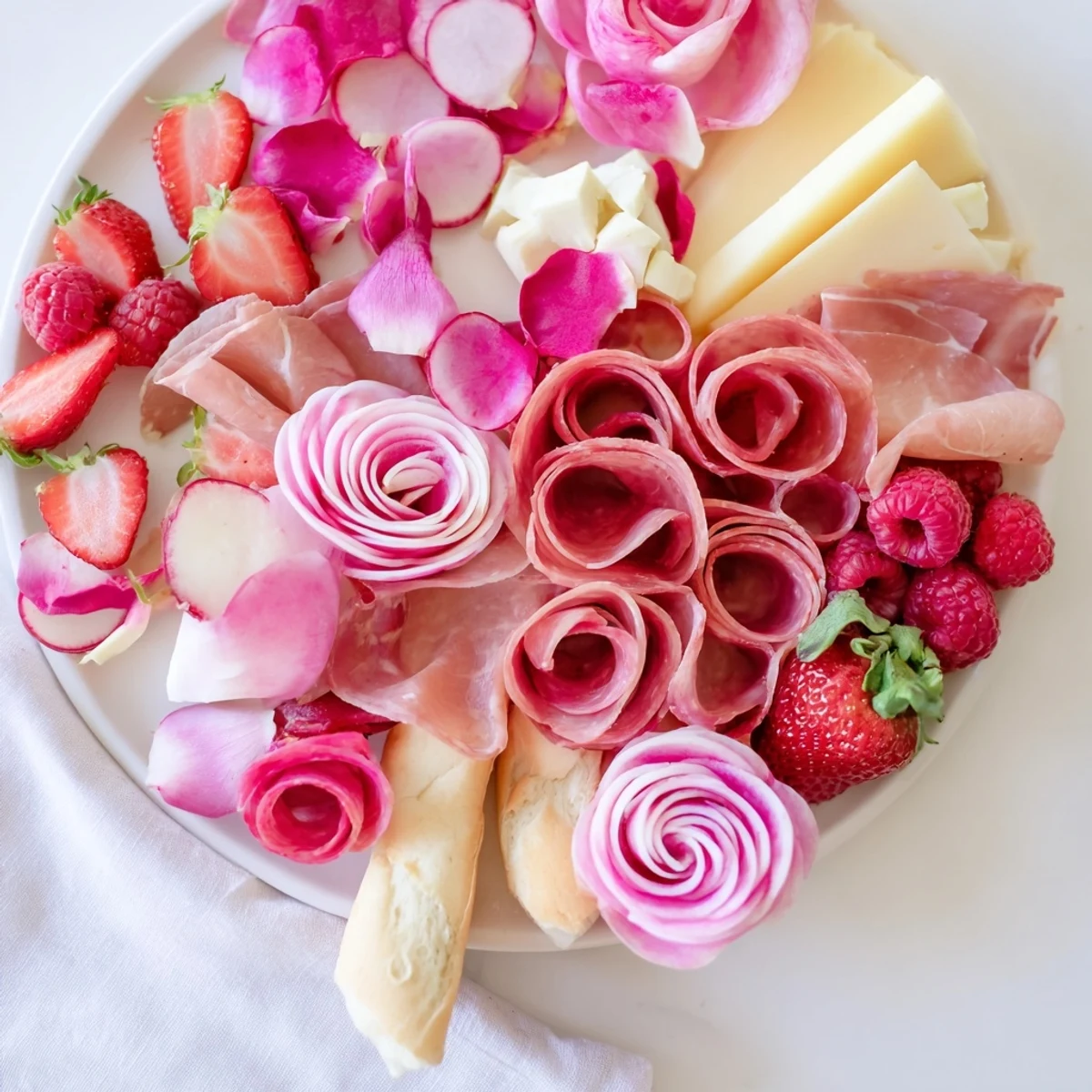 Enjoy the elegant arrangement of a Pink Petal Watercolor Wash, featuring a stunning array of cheeses, meats, and artful produce.