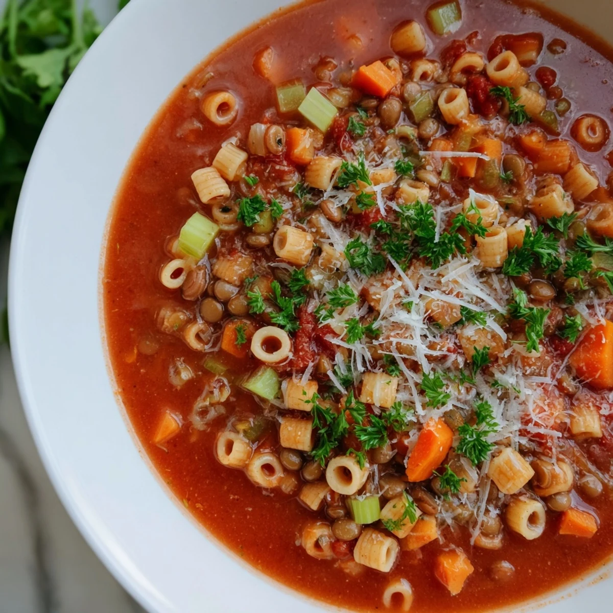 Steaming bowl of Ditalini and Lentil Soup, a hearty Italian vegetarian meal, garnished with fresh parsley.