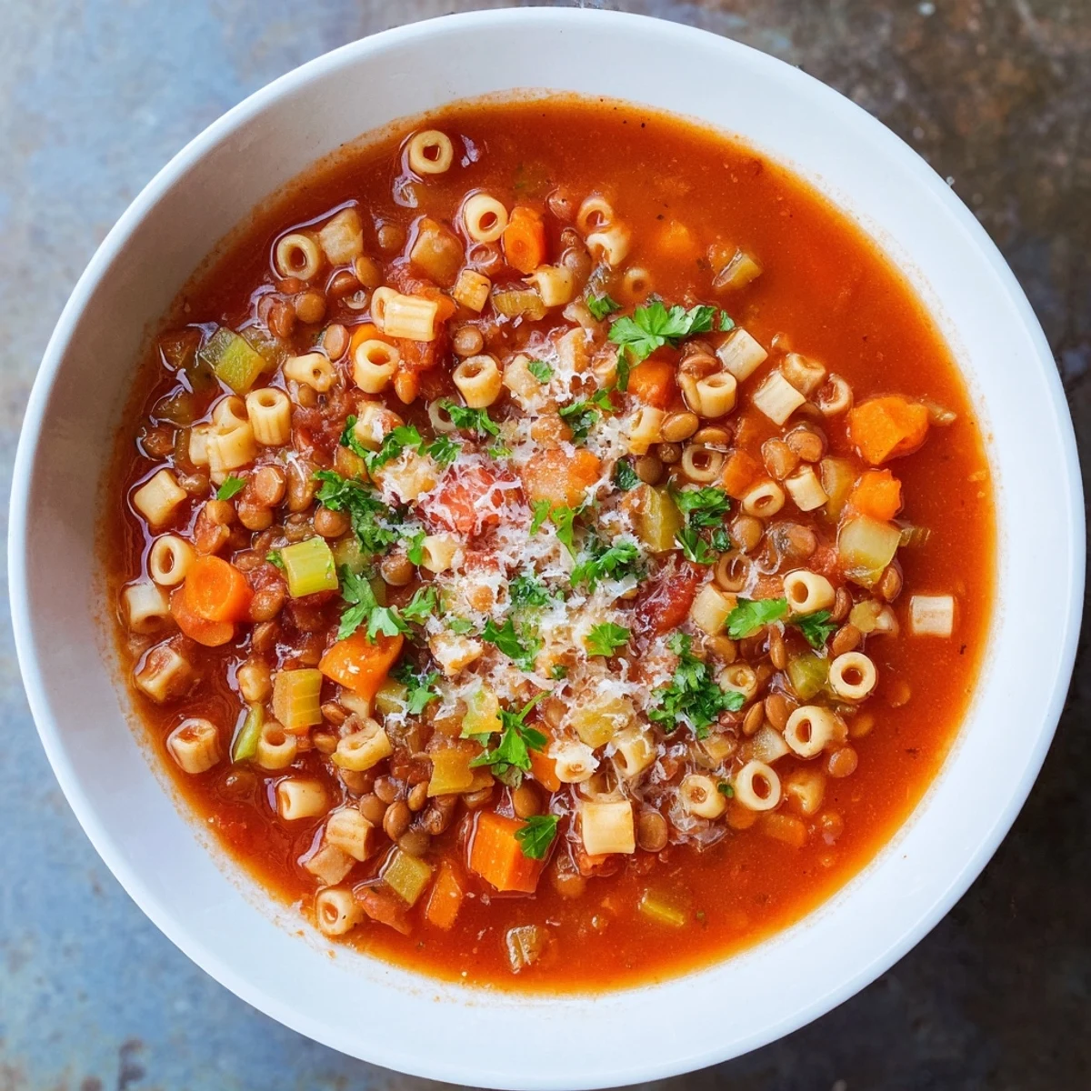 Flavorful Ditalini and Lentil Soup, simmering in a pot with vegetables and herbs, ready to serve.