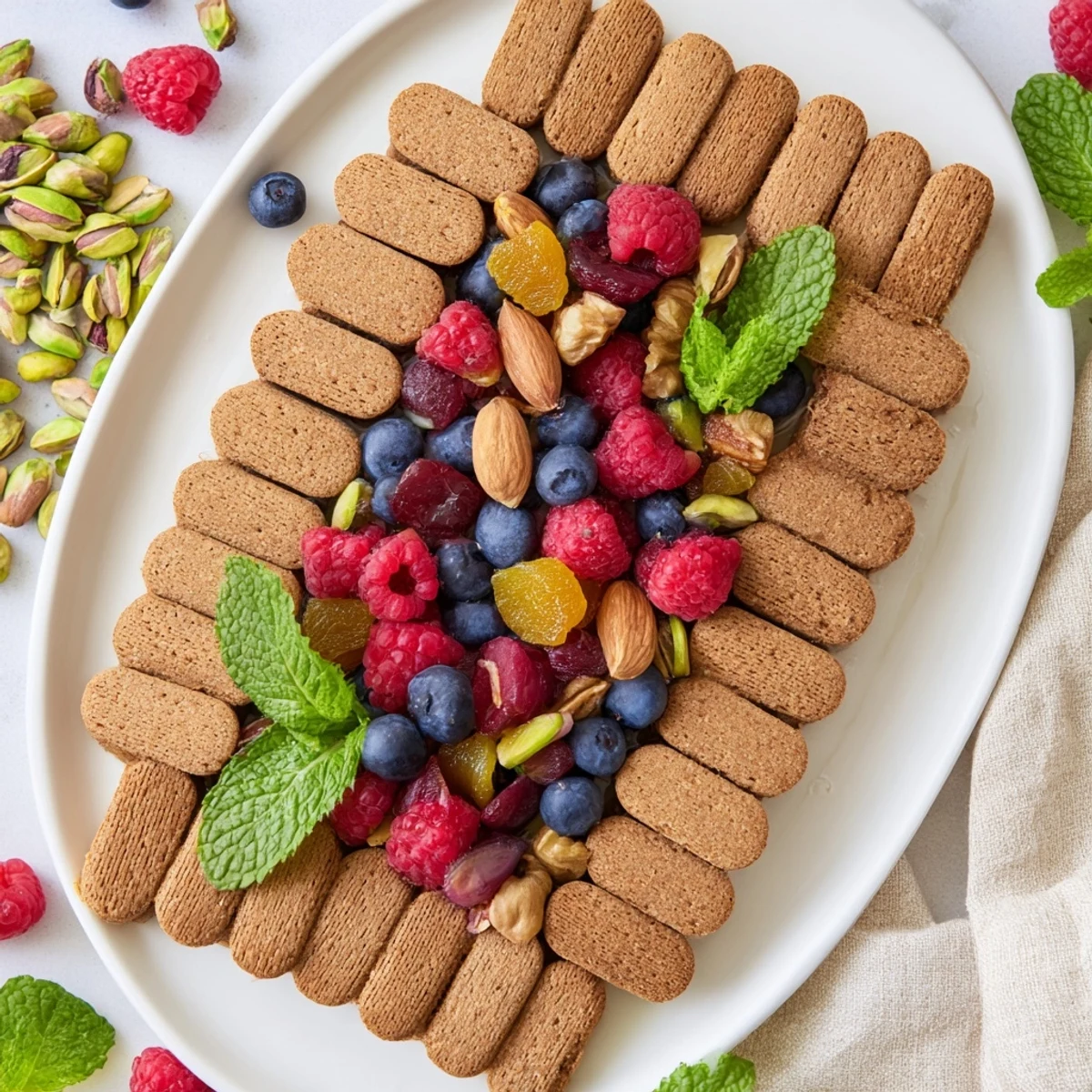 Delectable Picket Fence snack platter: crackers forming a fence around colorful nuts and berries, ready to share.