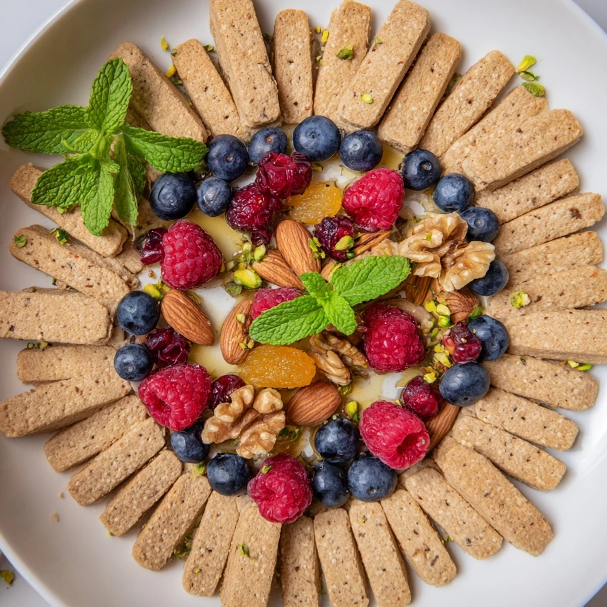 Imagine this Picket Fence appetizer: vibrant berries and nuts spilling from within crispy cracker walls.