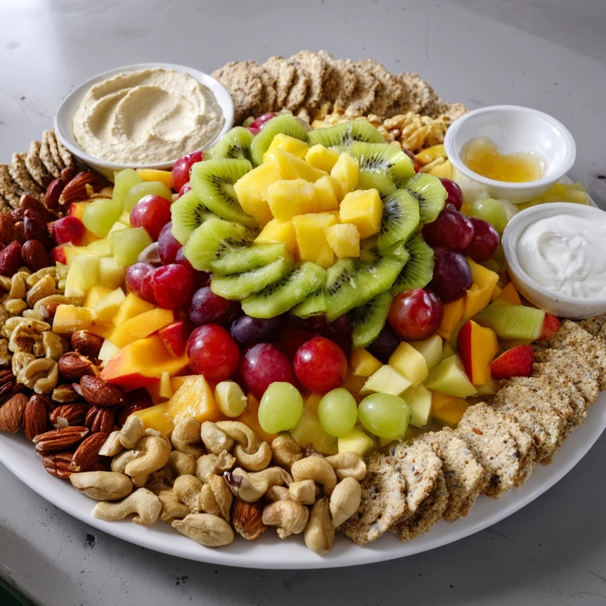 The Hidden Oasis featuring vibrant fruits, nuts, dips; a colorful appetizer for sharing.