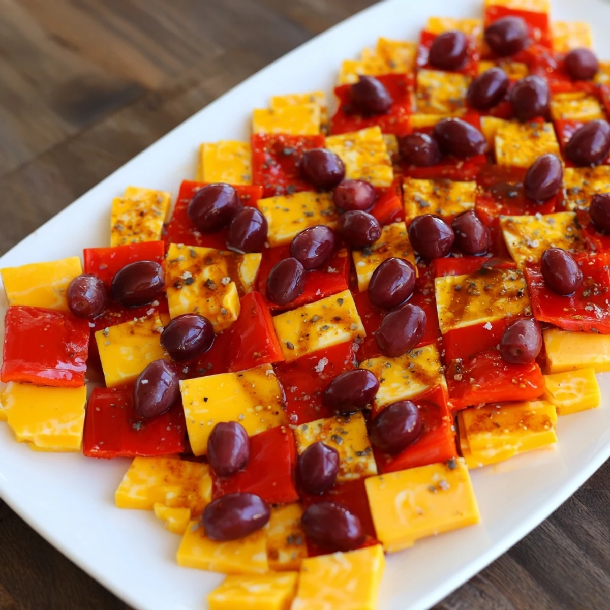 Colorful Bauhaus Block appetizer: Red pepper, yellow cheese, and grapes arranged geometrically on a platter.