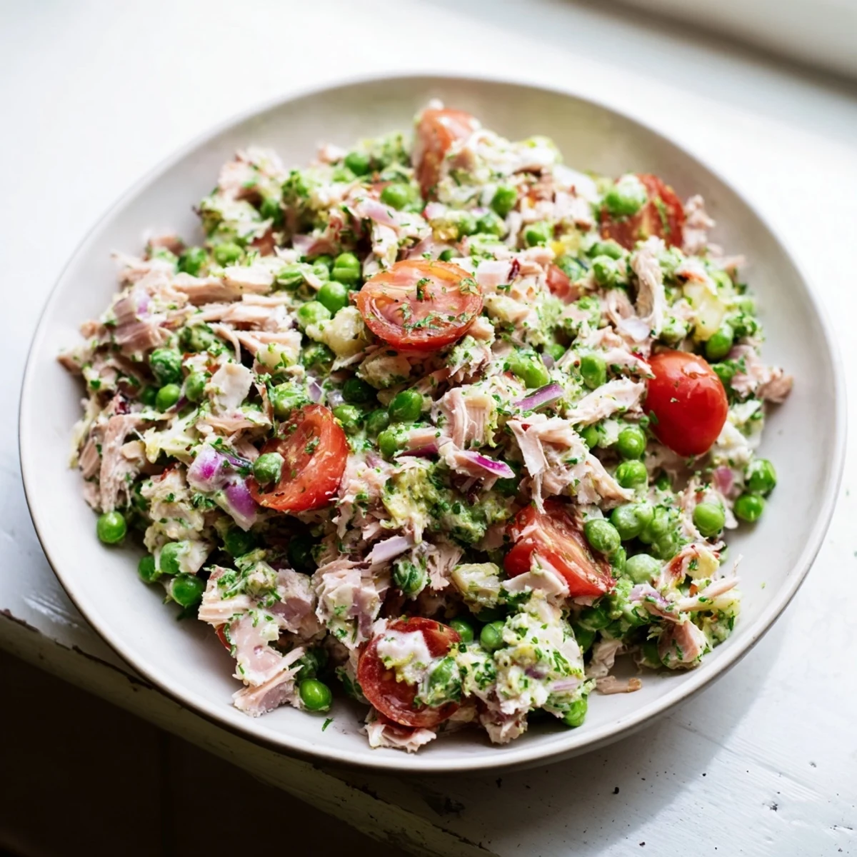 Fresh parsley and ruby red onion garnish this delicious Dense Chickpea and Tuna Salad.