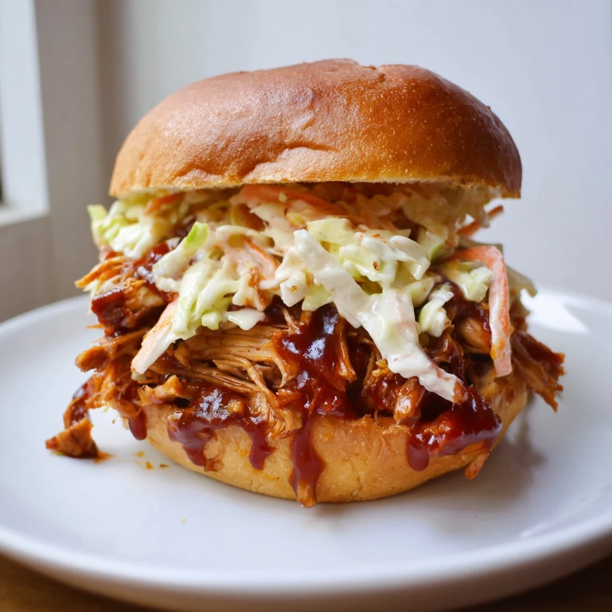BBQ jackfruit sliders piled high with coleslaw, perfect for a delicious vegan meal.