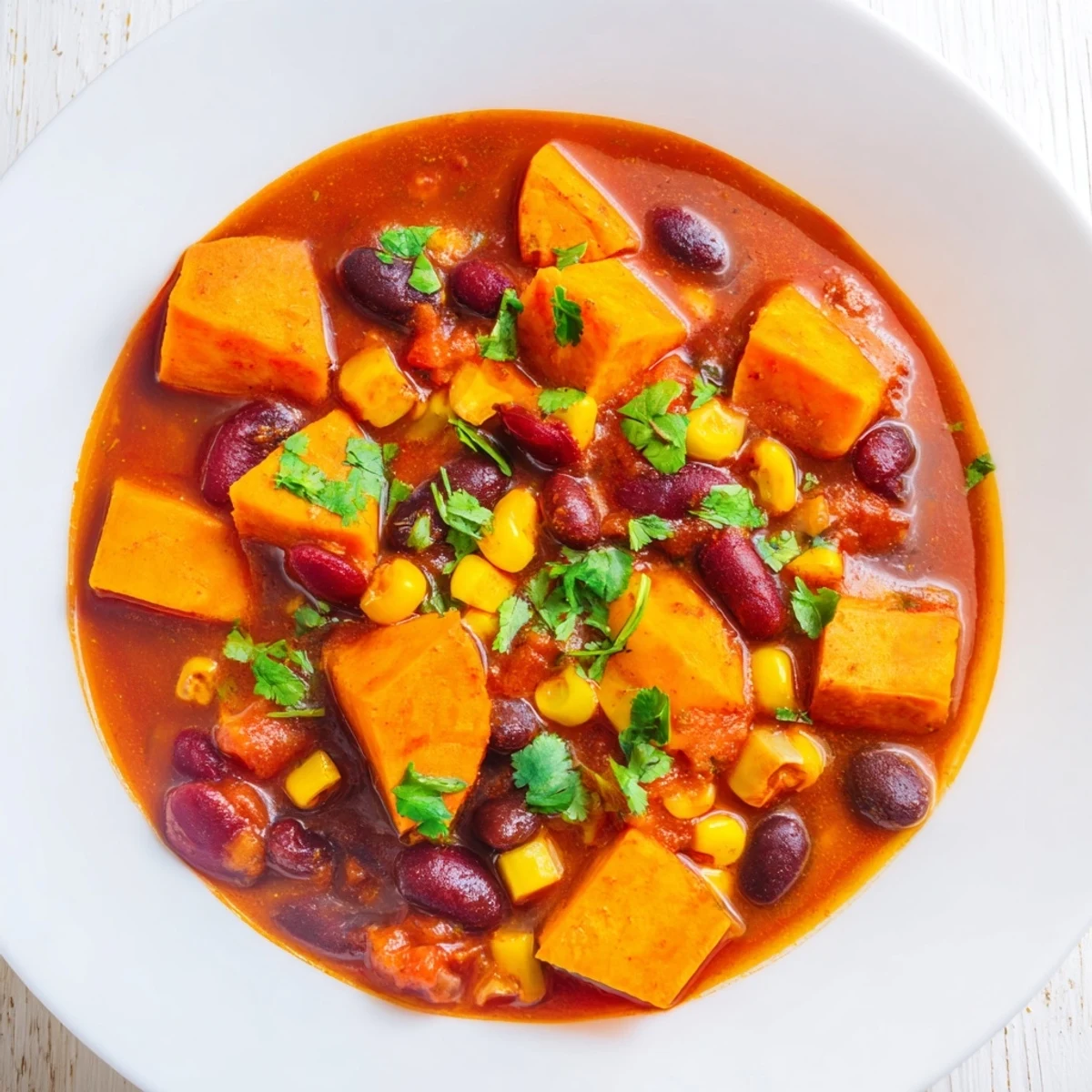 Steaming bowl of Smoky Sweet Potato Chili with sweet potatoes and beans, ready to enjoy.