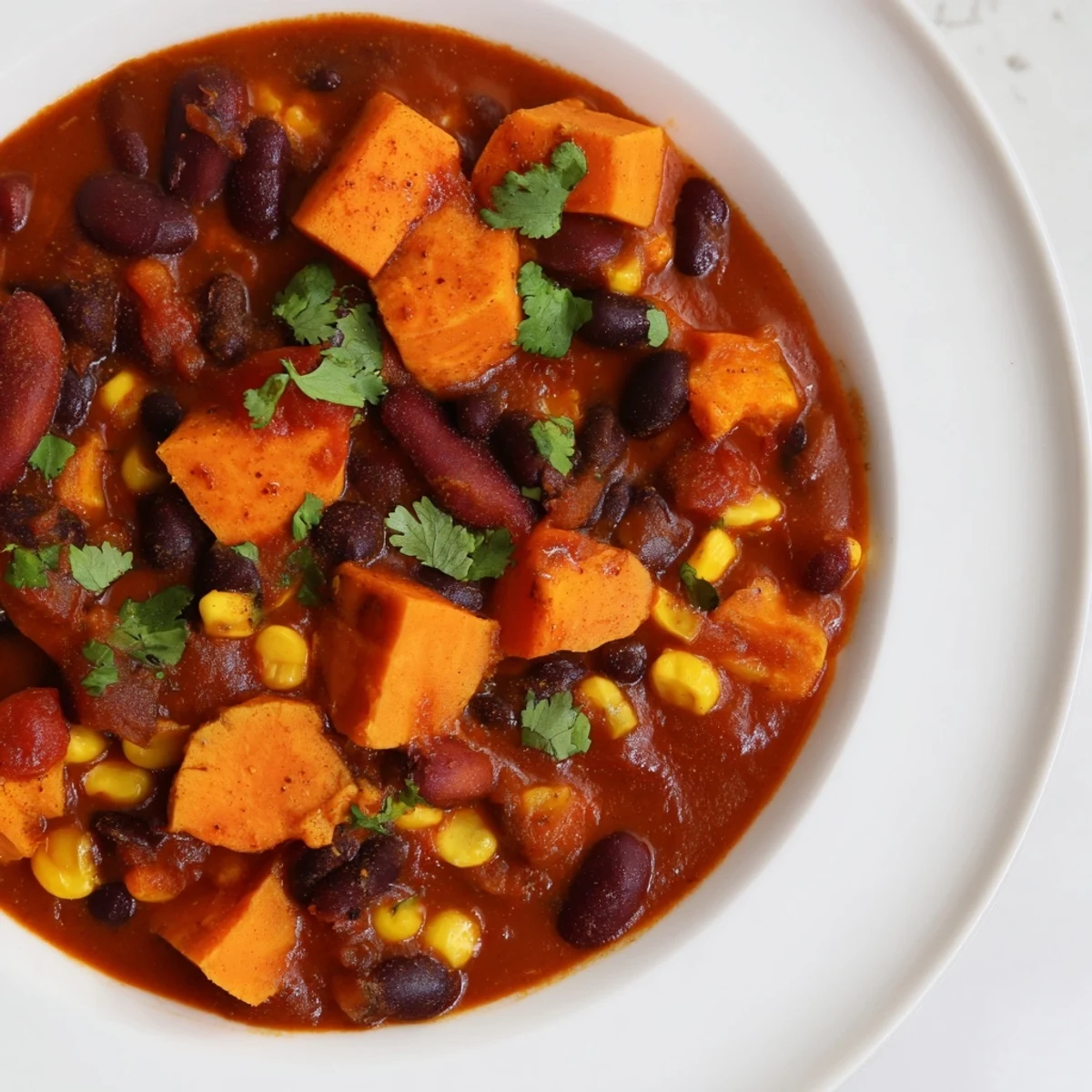 Thick, hearty Smoky Sweet Potato Chili, packed with vegetables, ideal for a chilly evening meal.