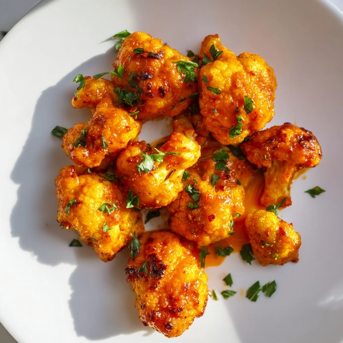 Golden-brown Buffalo Cauliflower Bites ready to eat, served with a cool vegan ranch dip.
