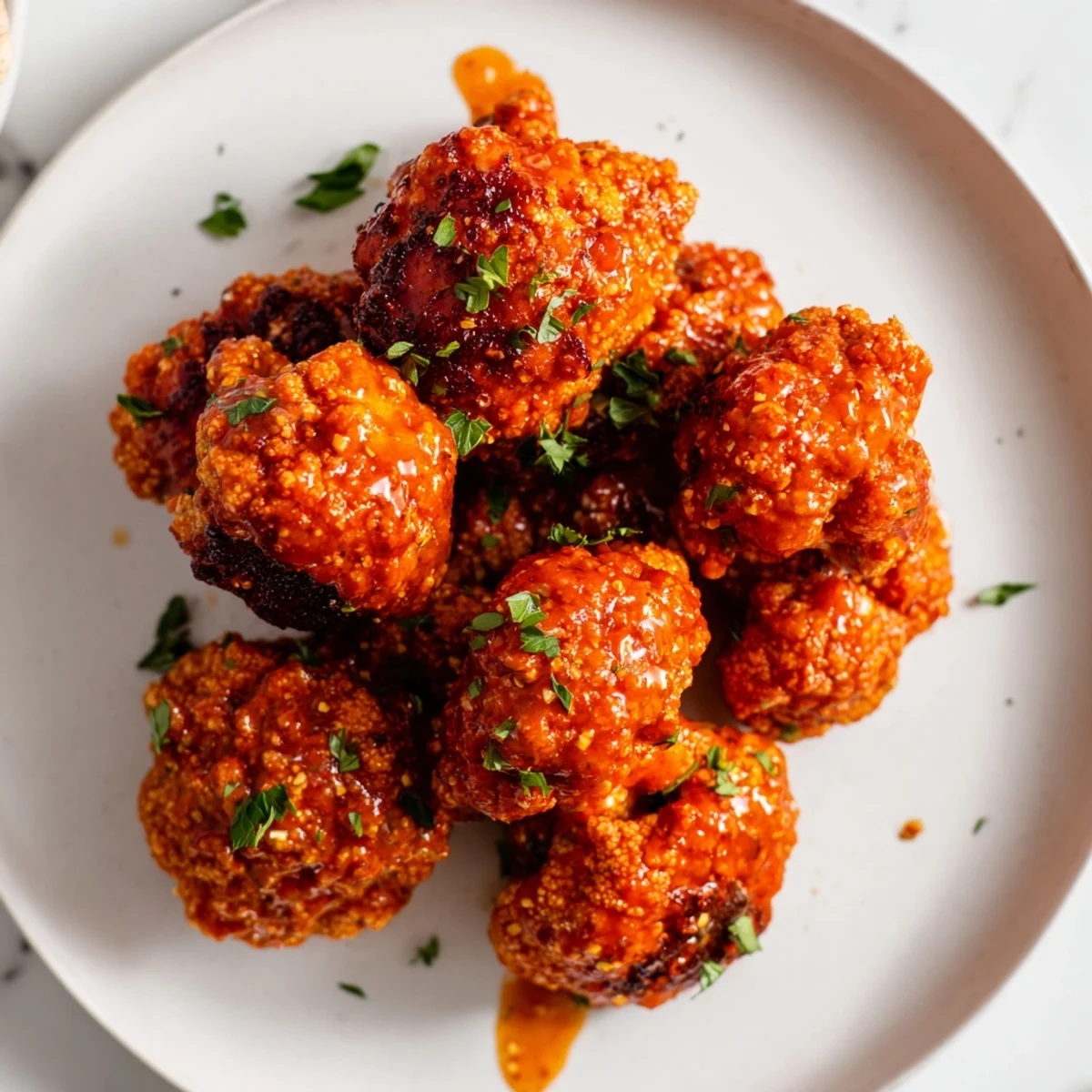 Crispy-coated Buffalo Cauliflower Bites are tossed in a vibrant, spicy sauce, perfect for a vegan appetizer.