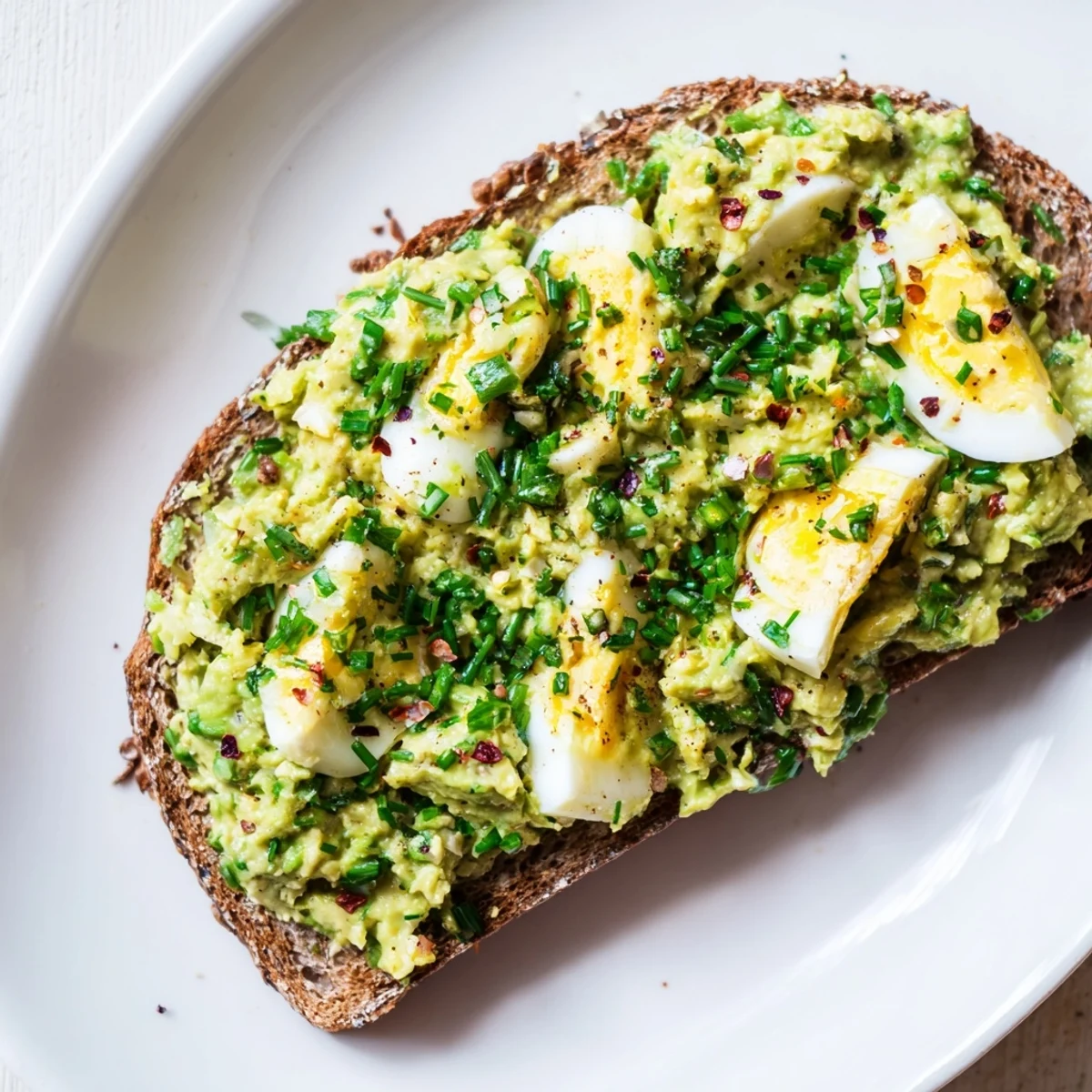 Creamy avocado egg smash on toasted bread, a bright and flavorful American breakfast.