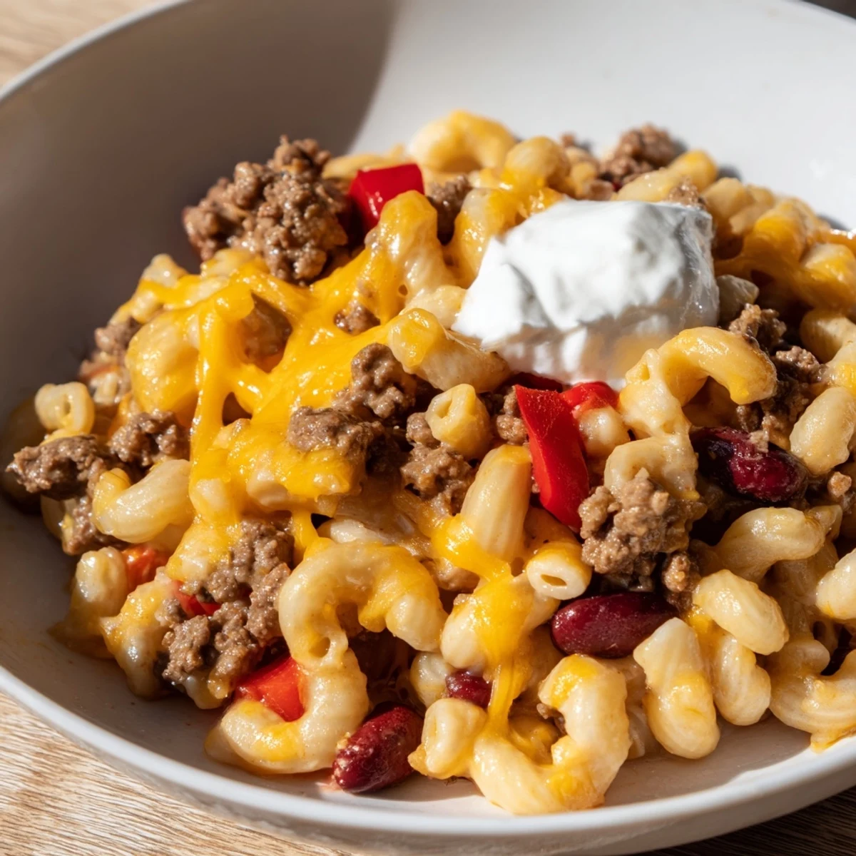 Steaming bowl of one-pot chili mac with melted cheese, a hearty and flavorful American classic.