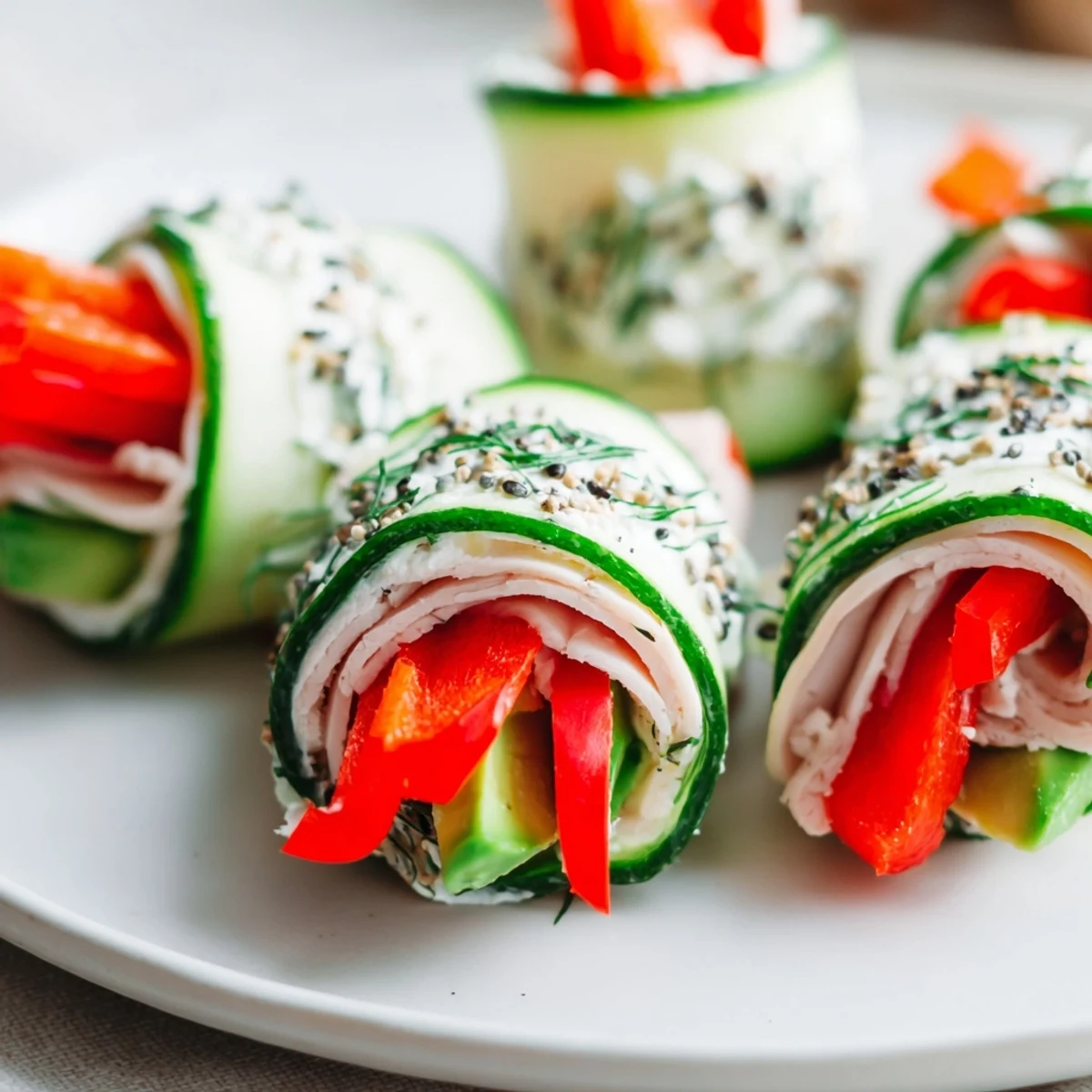 Cucumber Roll-Ups featuring fresh cucumber spirals filled with savory deli meat and cream cheese.