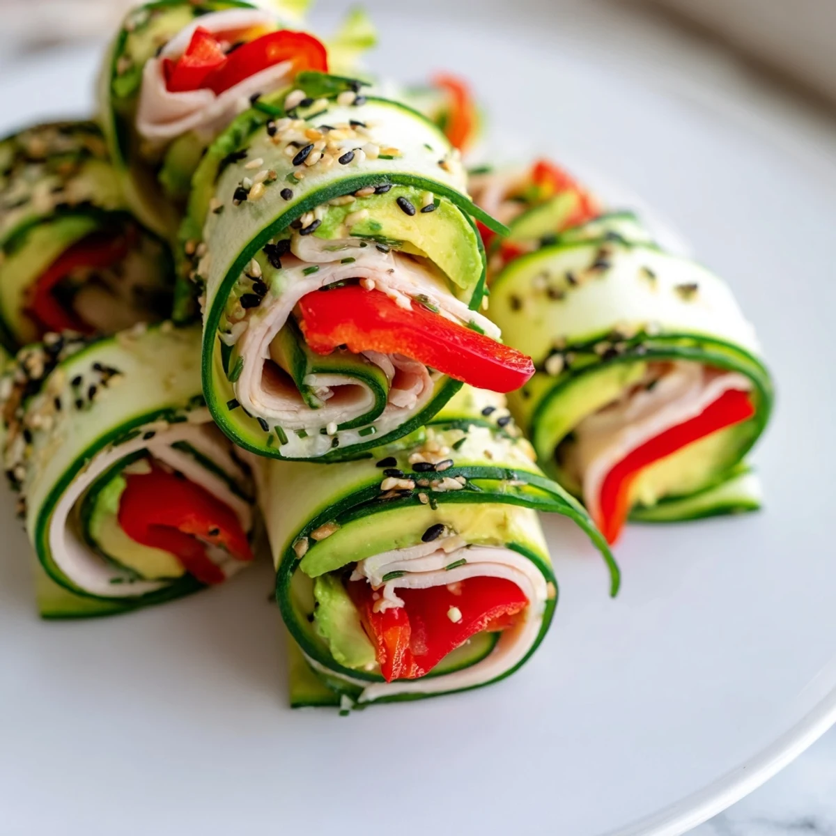 Close-up of delicious Cucumber Roll-Ups with a creamy filling, easy to assemble and flavorful.