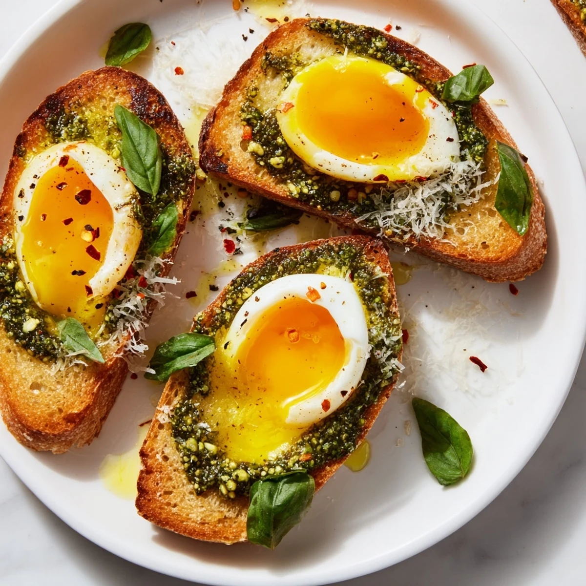 Vibrant pesto egg toast, with jammy yellow yolks atop herbed pesto spread on golden toast.