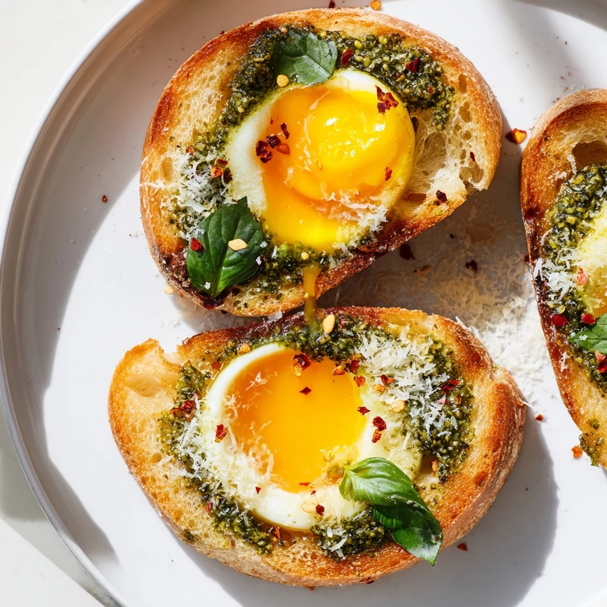 Freshly made pesto coats toasted bread, supporting halved jammy eggs in this pesto egg toast.