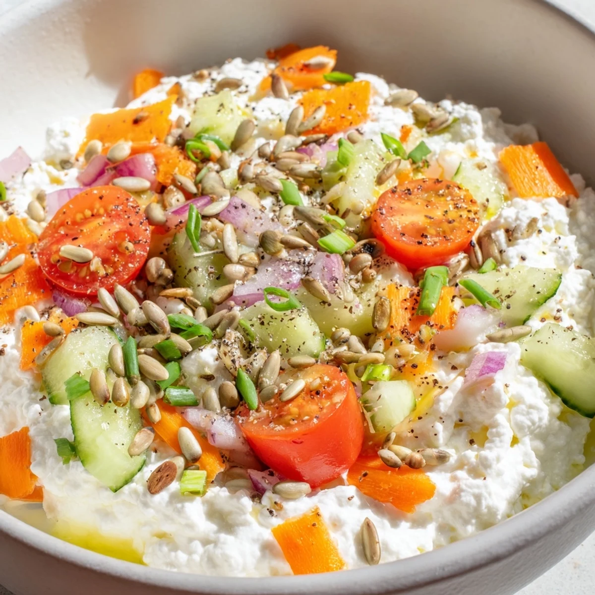 Vibrantly colored Cottage Cheese Snack Bowl with fresh veggies and sunflower seeds, ready to enjoy.