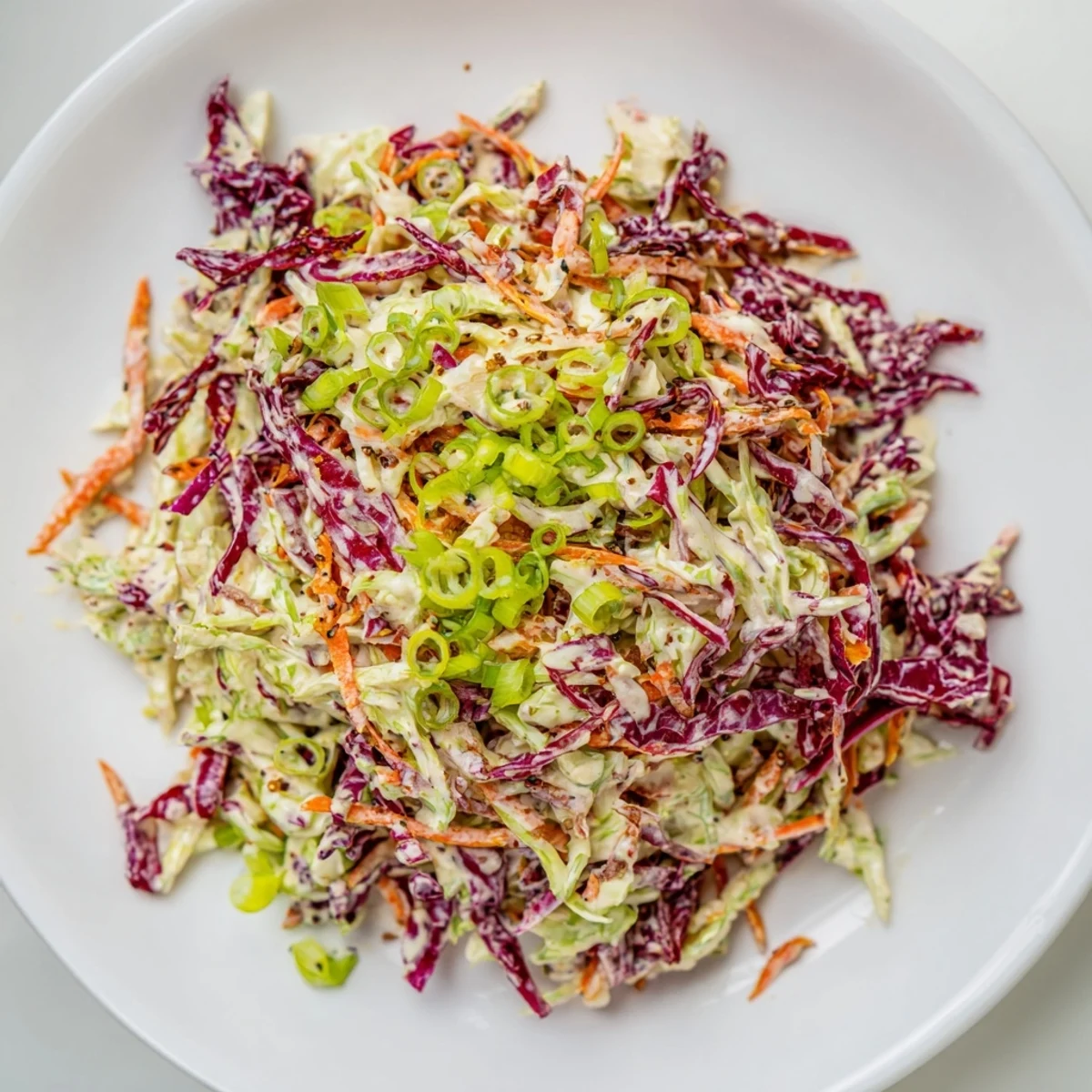 Homemade Quick Coleslaw Salad, a refreshing side dish: crisp vegetables with tangy, creamy dressing, ready to enjoy.