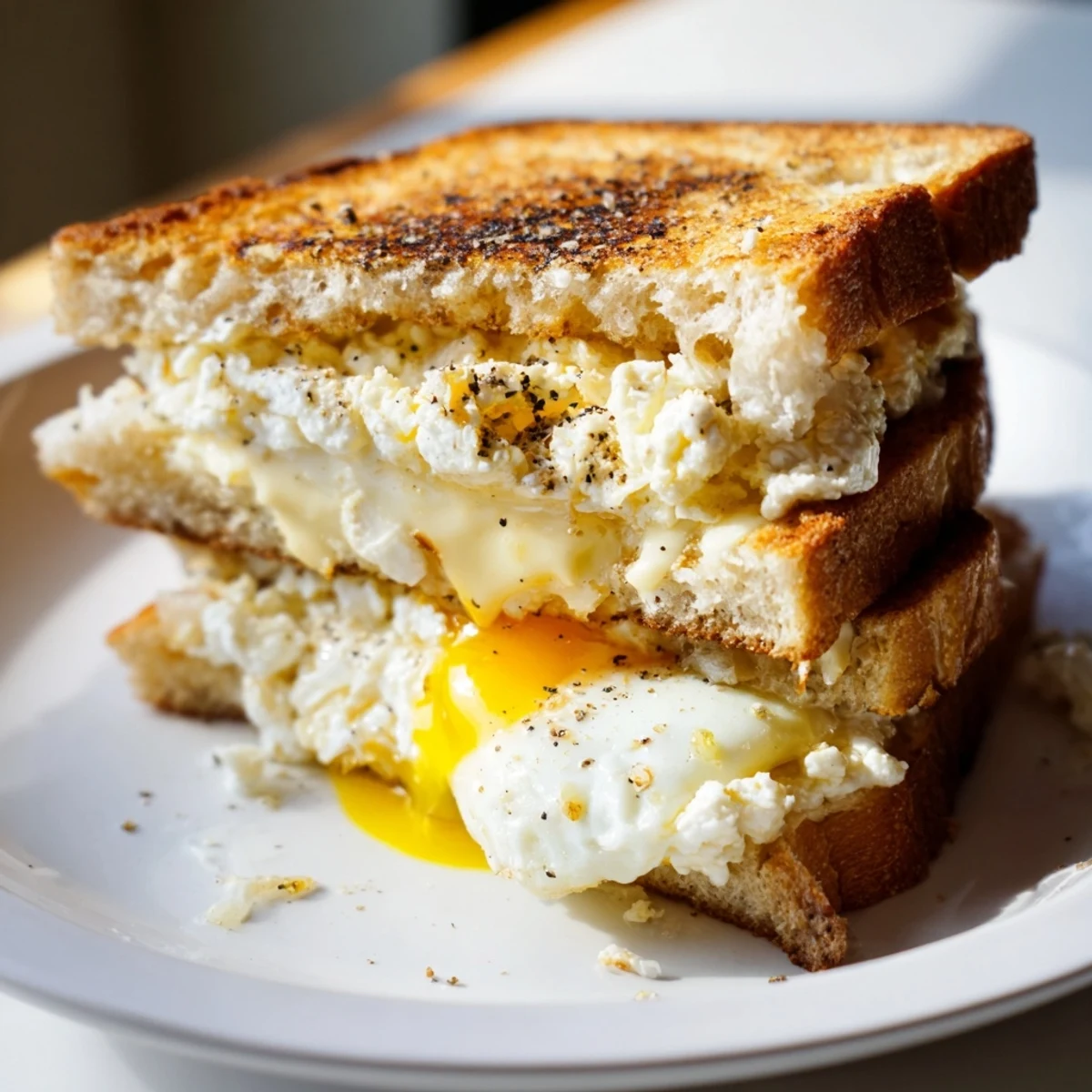 Golden, crispy feta fried eggs grilled cheese sandwich, oozing melted cheese and tempting flavors.