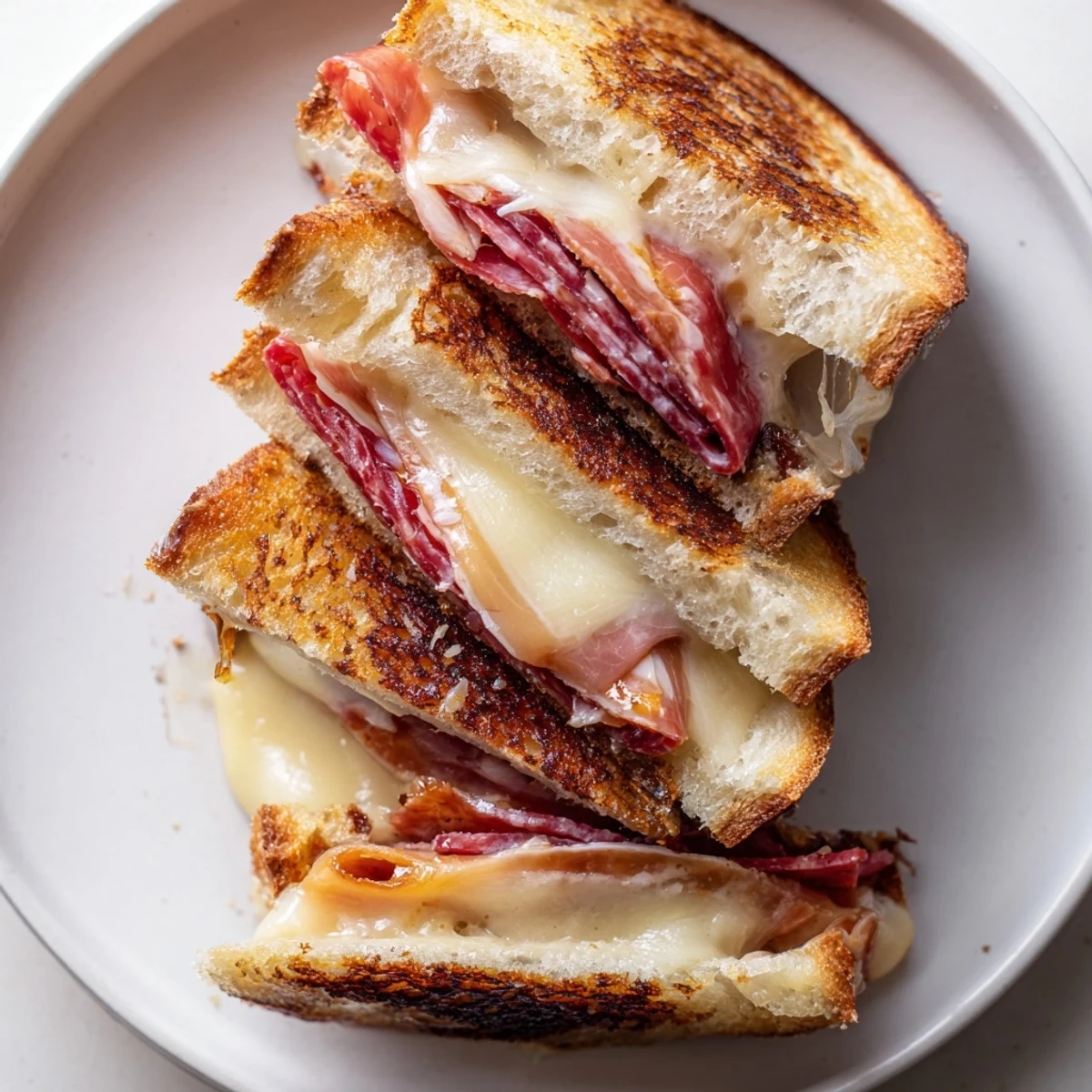 Charcuterie grilled cheese: a golden, melty sandwich with layers of cheese and cured meats.