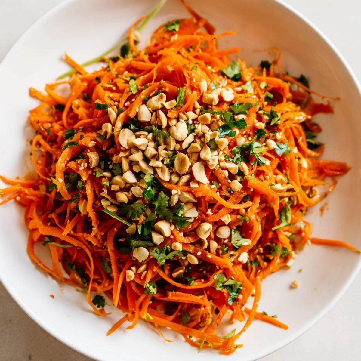 A close-up of a refreshing Spicy Carrot Salad with peanuts, ready to eat with a perfect blend of flavors.