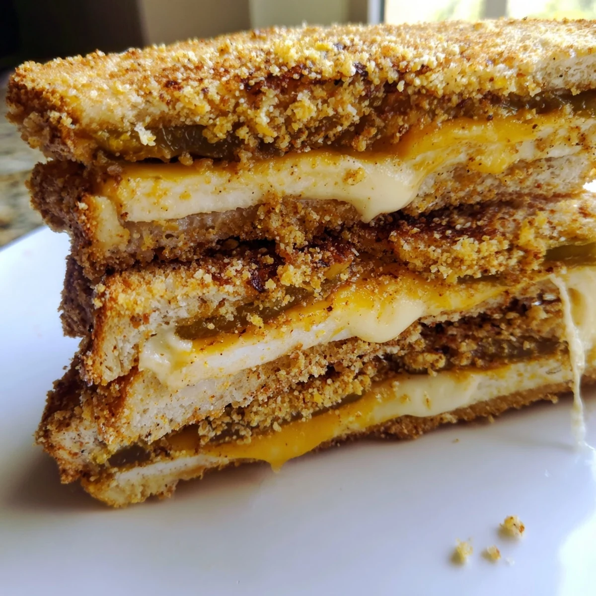 Golden-brown Spicy Crispy Tofu Grilled Cheese with melted vegan cheese and perfectly toasted bread.
