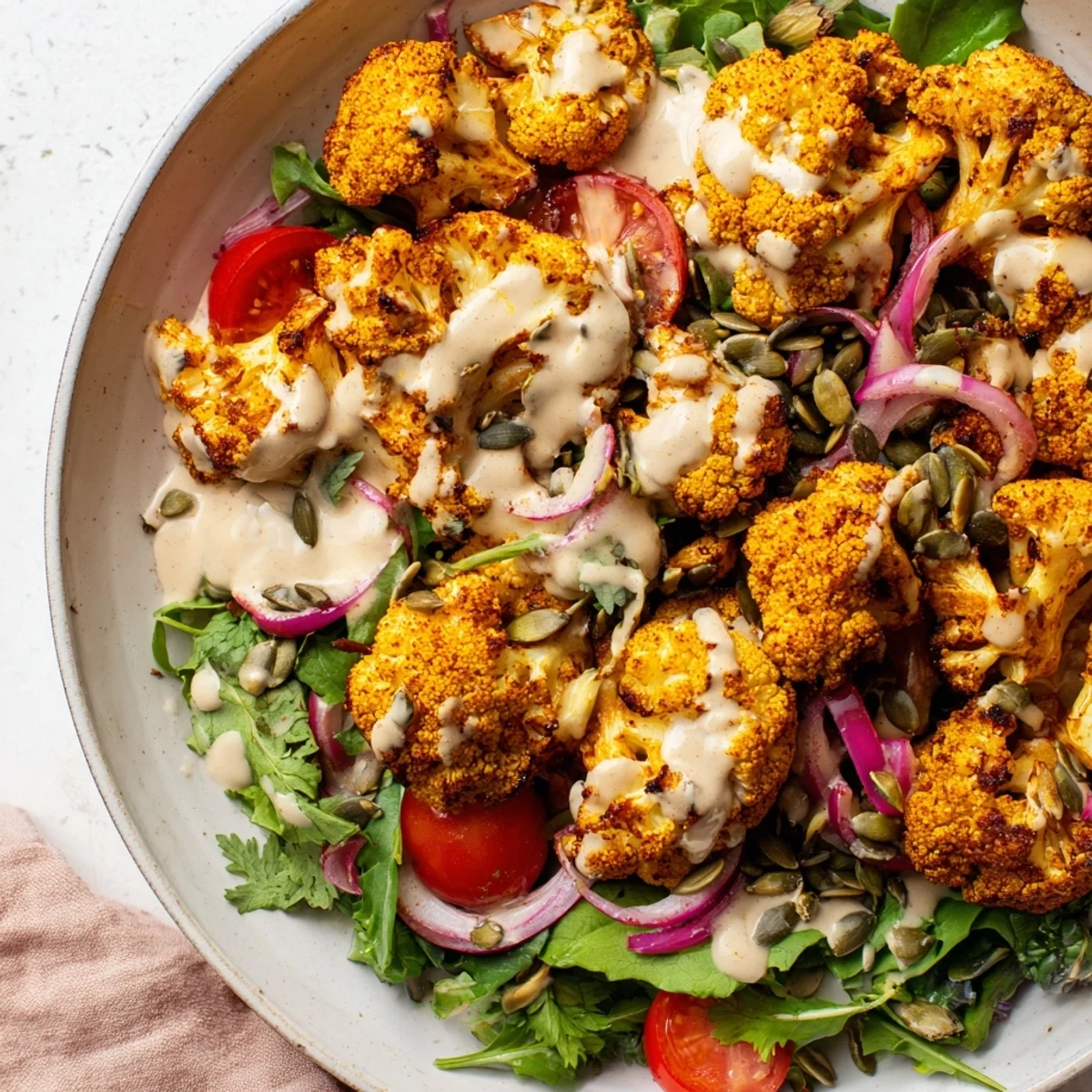 Golden-brown Crispy Cauliflower Salad with Tahini Sauce, ready to enjoy with flavorful air-fried florets.